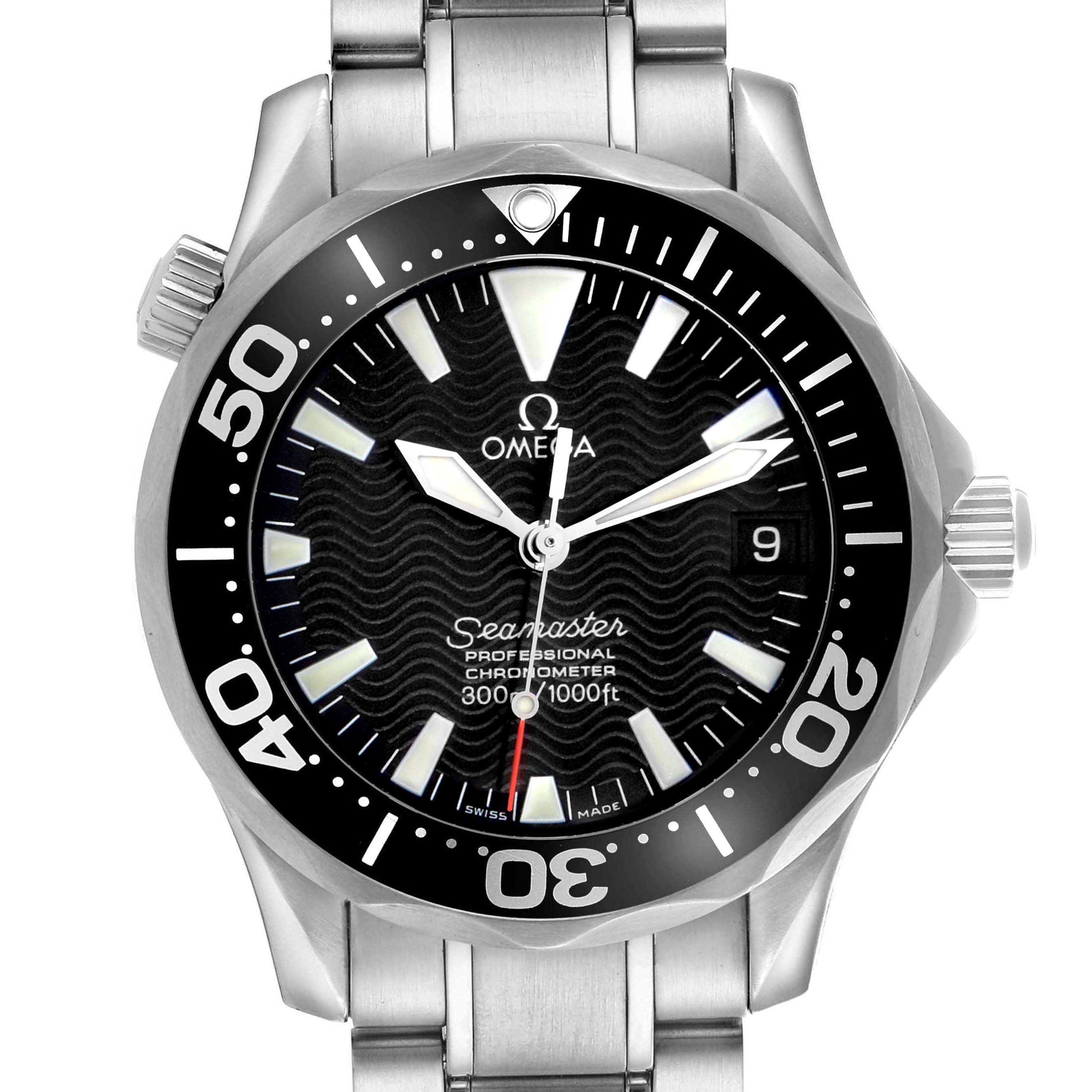 The Omega Seamaster 2252.50.00 Men
s Stainless Steel Black Dial watch is shown from the front, highlighting the black dial, bezel, and stainless steel bracelet.