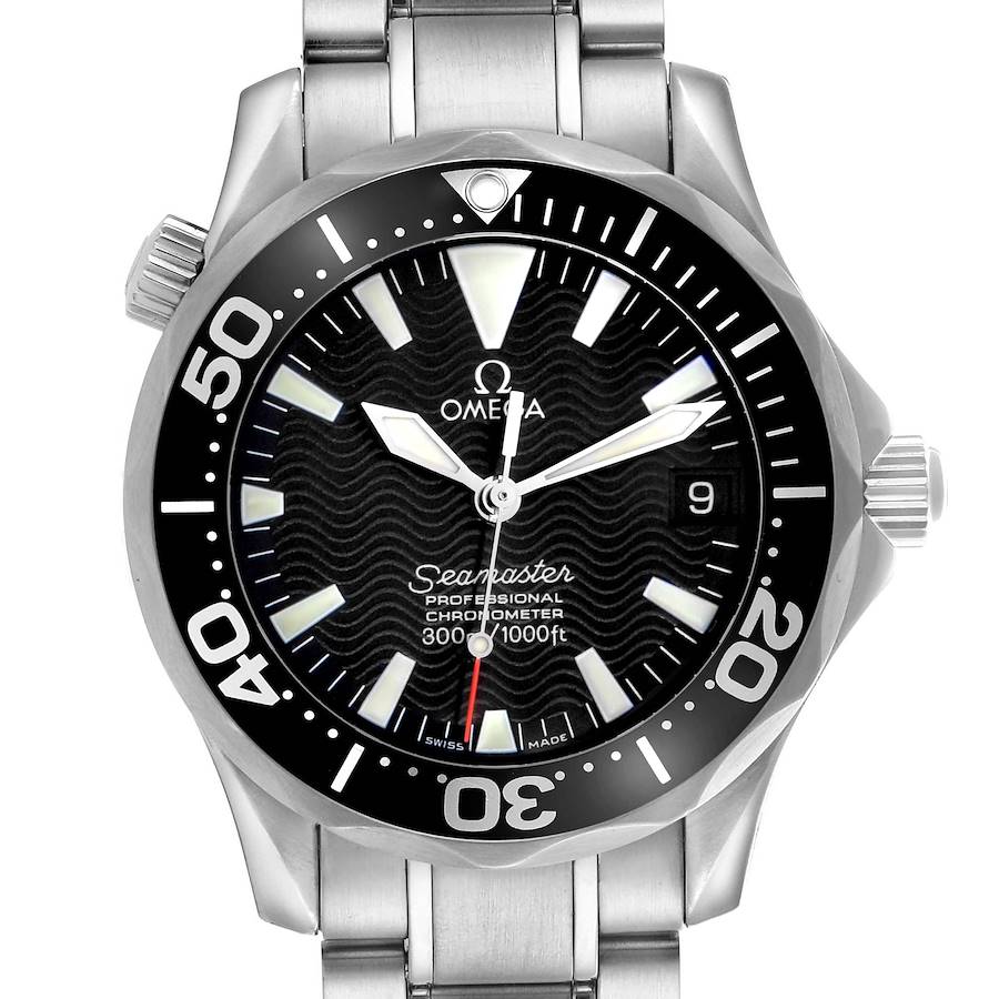 The Omega Seamaster 2252.50.00 Men's Stainless Steel Black Dial watch is shown from the front, highlighting the black dial, bezel, and stainless steel bracelet.