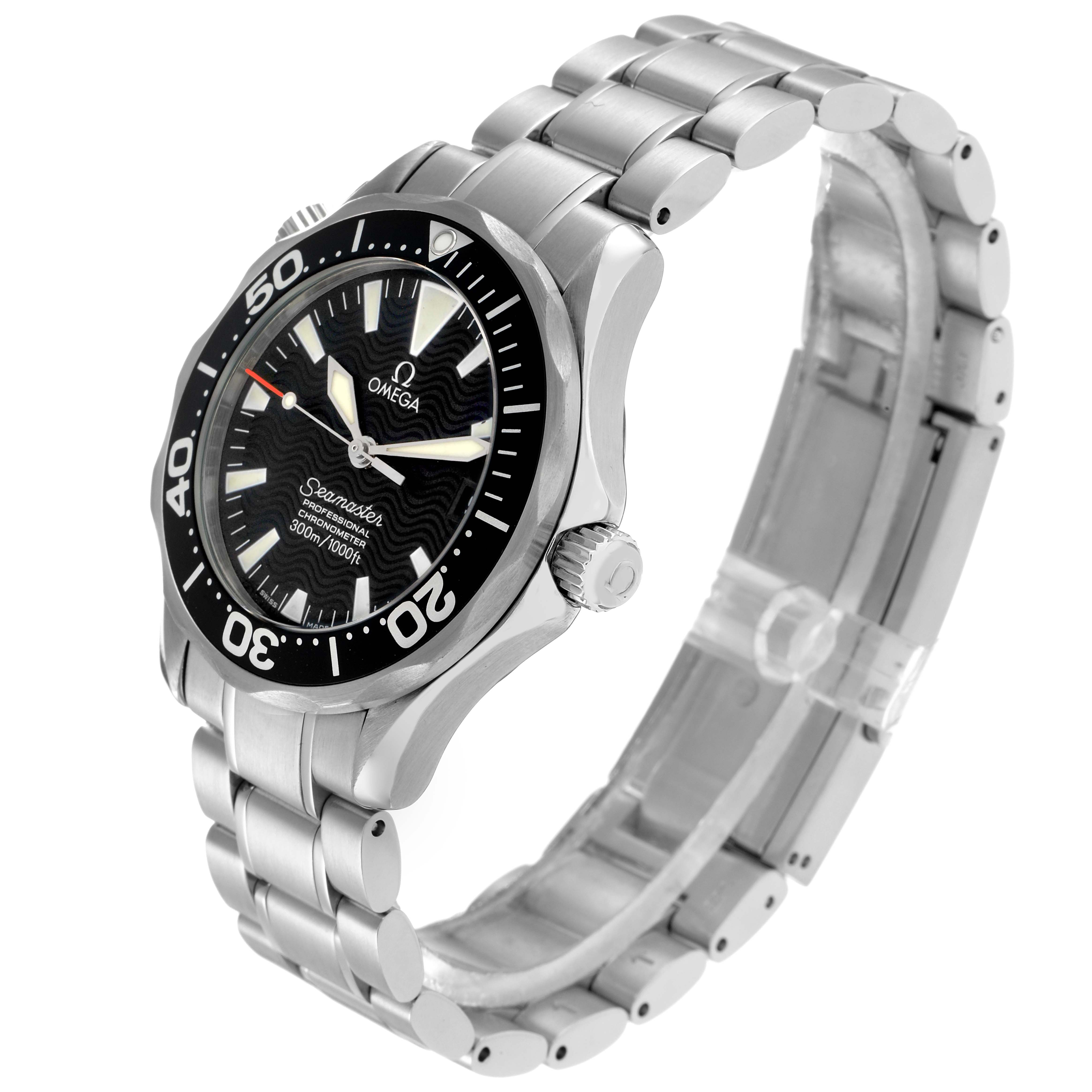 The Omega Seamaster 2252.50.00 Men
s Stainless Steel Black Dial watch is shown from a side angle, highlighting the dial, bezel, crown, and stainless steel bracelet.