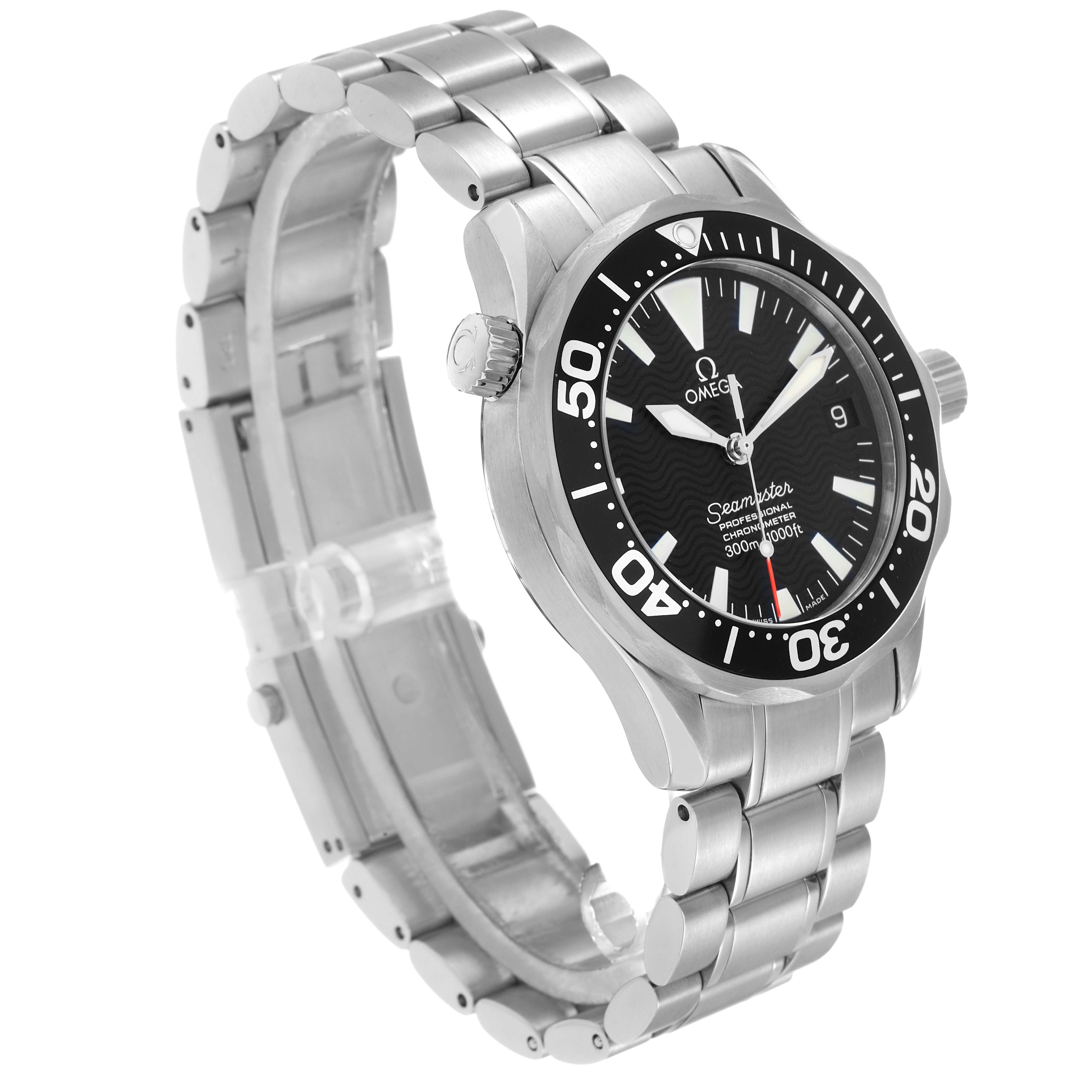 The Omega Seamaster 2252.50.00 Men
s Stainless Steel Black Dial watch is shown at a three-quarter angle, displaying the dial, bezel, bracelet, and crown clearly.