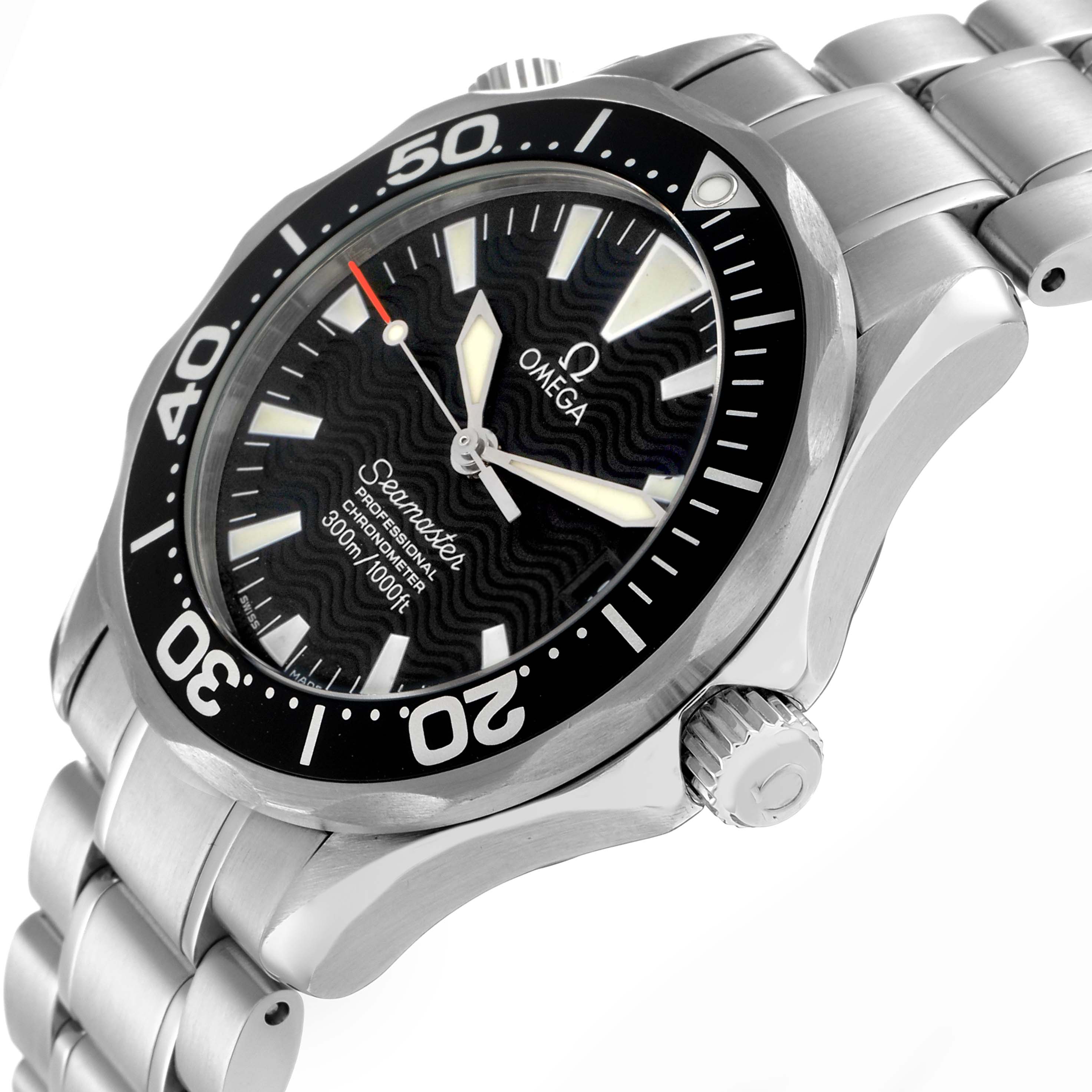 The Omega Seamaster 2252.50.00 Men
s Stainless Steel Black Dial watch is shown at an oblique angle, highlighting the face, bezel, crown, and part of the bracelet.