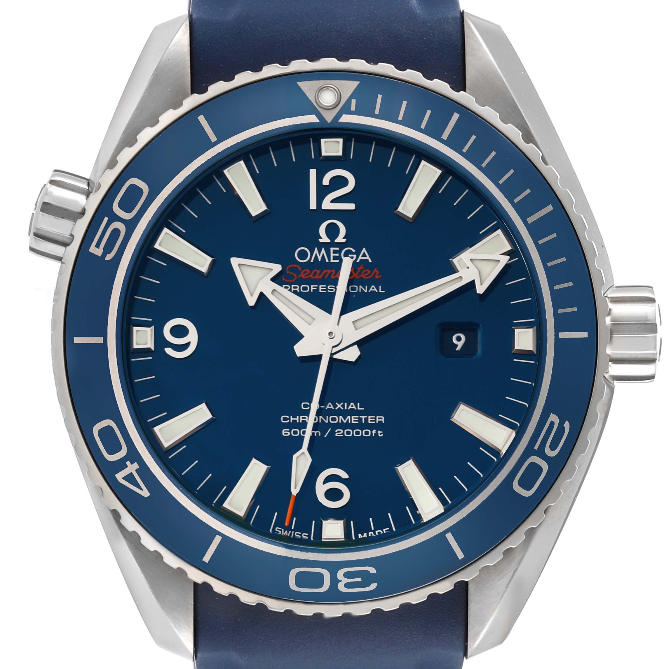 The image shows a front view of the Omega Planet Ocean 232.92.38.20.03.001 Men
s Titanium Blue Dial 232.92.38.20.03.001 Men
s Titanium Blue Dial model watch, highlighting its face, bezel, and crown.