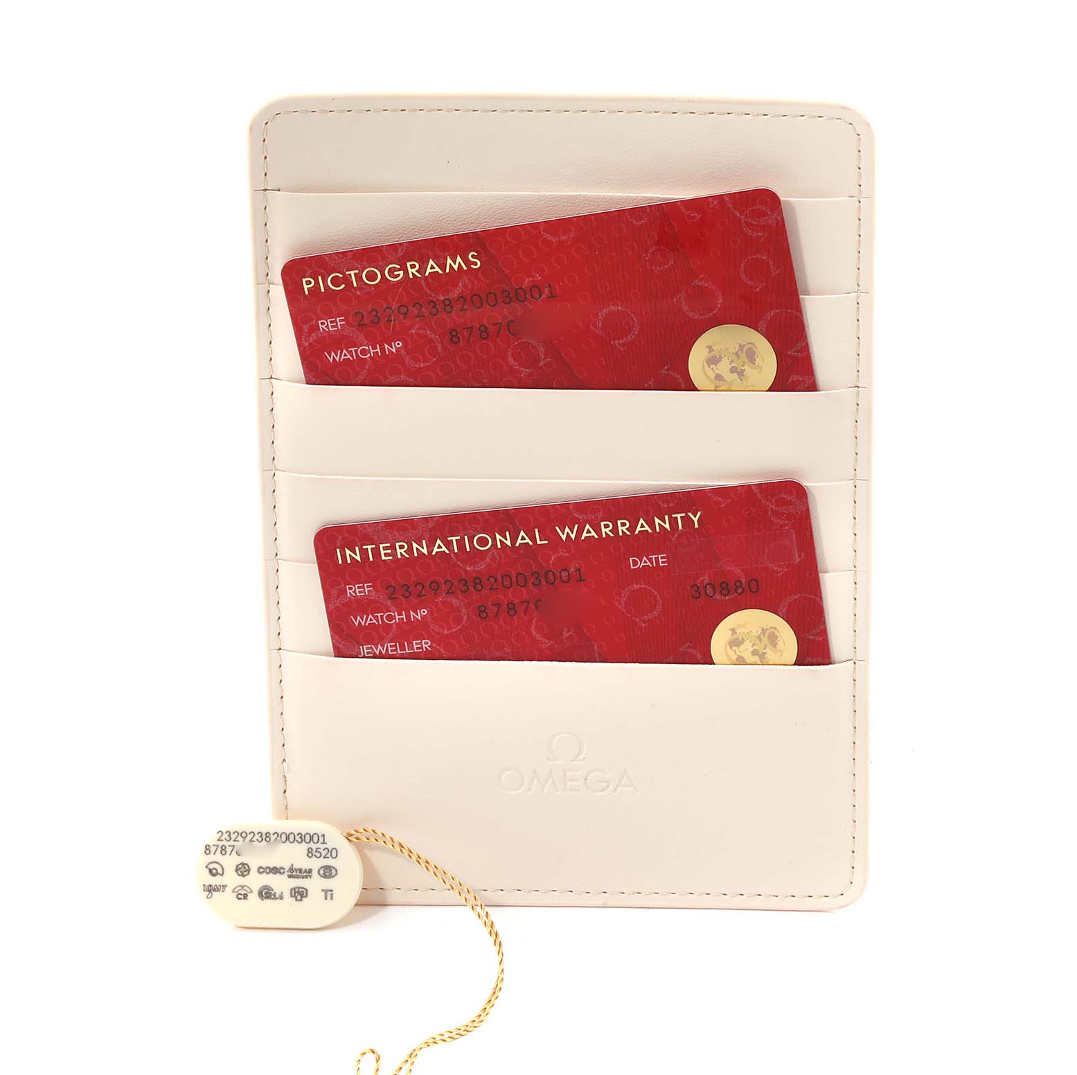 The image shows the warranty and pictograms cards for an Omega Planet Ocean 232.92.38.20.03.001 Men
s Titanium Blue Dial 232.92.38.20.03.001 Men
s Titanium Blue Dial watch, placed inside a white cardholder.