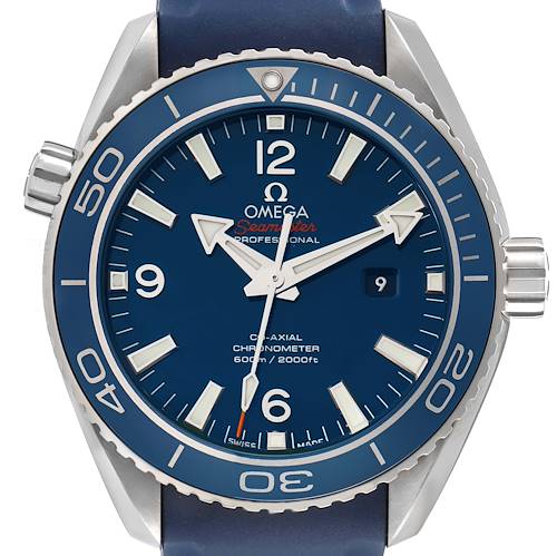 The image shows a front view of the Omega Planet Ocean model's dial and bezel.