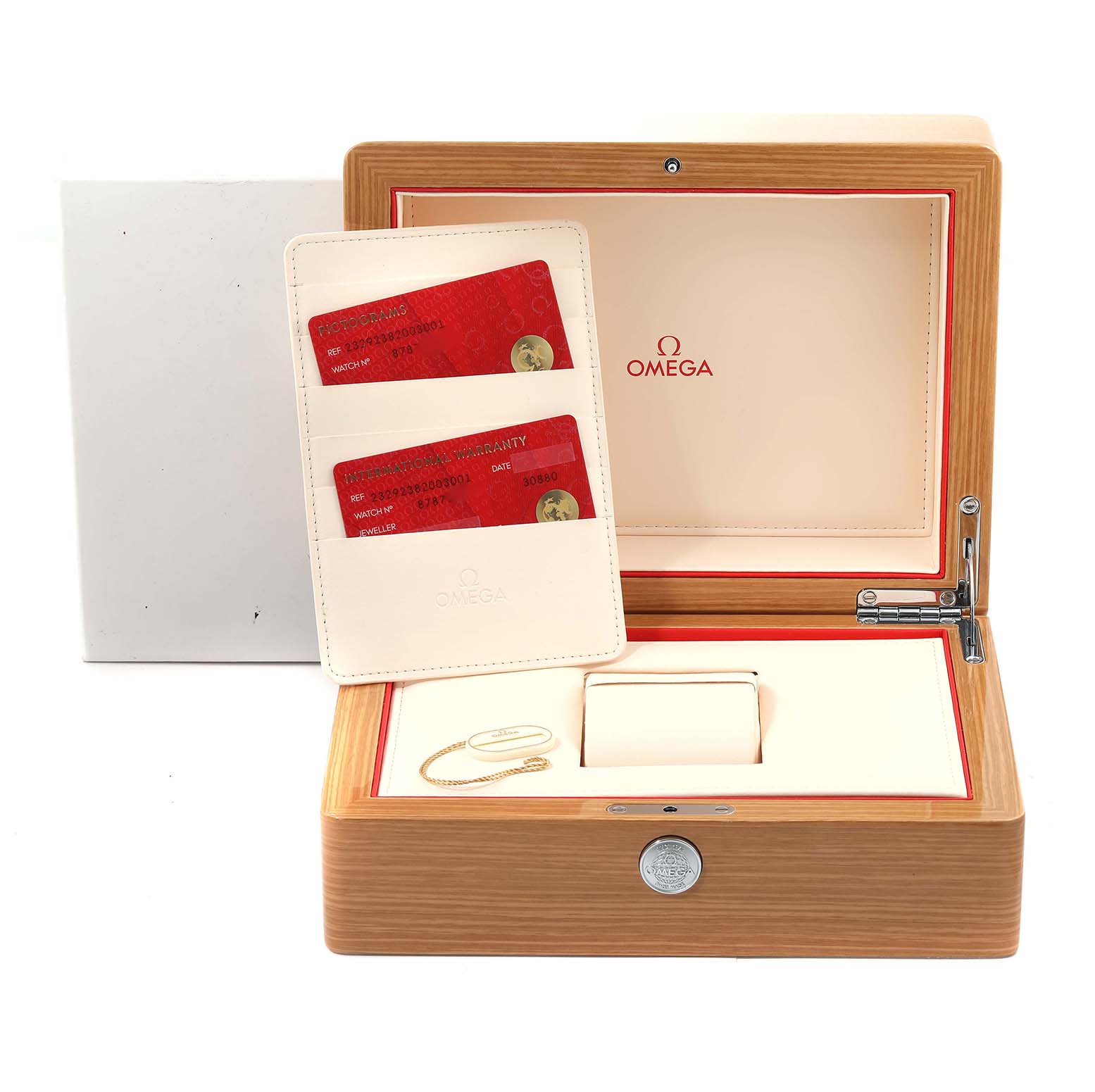 The image shows the Omega Planet Ocean 232.92.38.20.03.001 Men
s Titanium Blue Dial 232.92.38.20.03.001 Men
s Titanium Blue Dial watch box and accessories including warranty cards and a cardholder, viewed from the front.