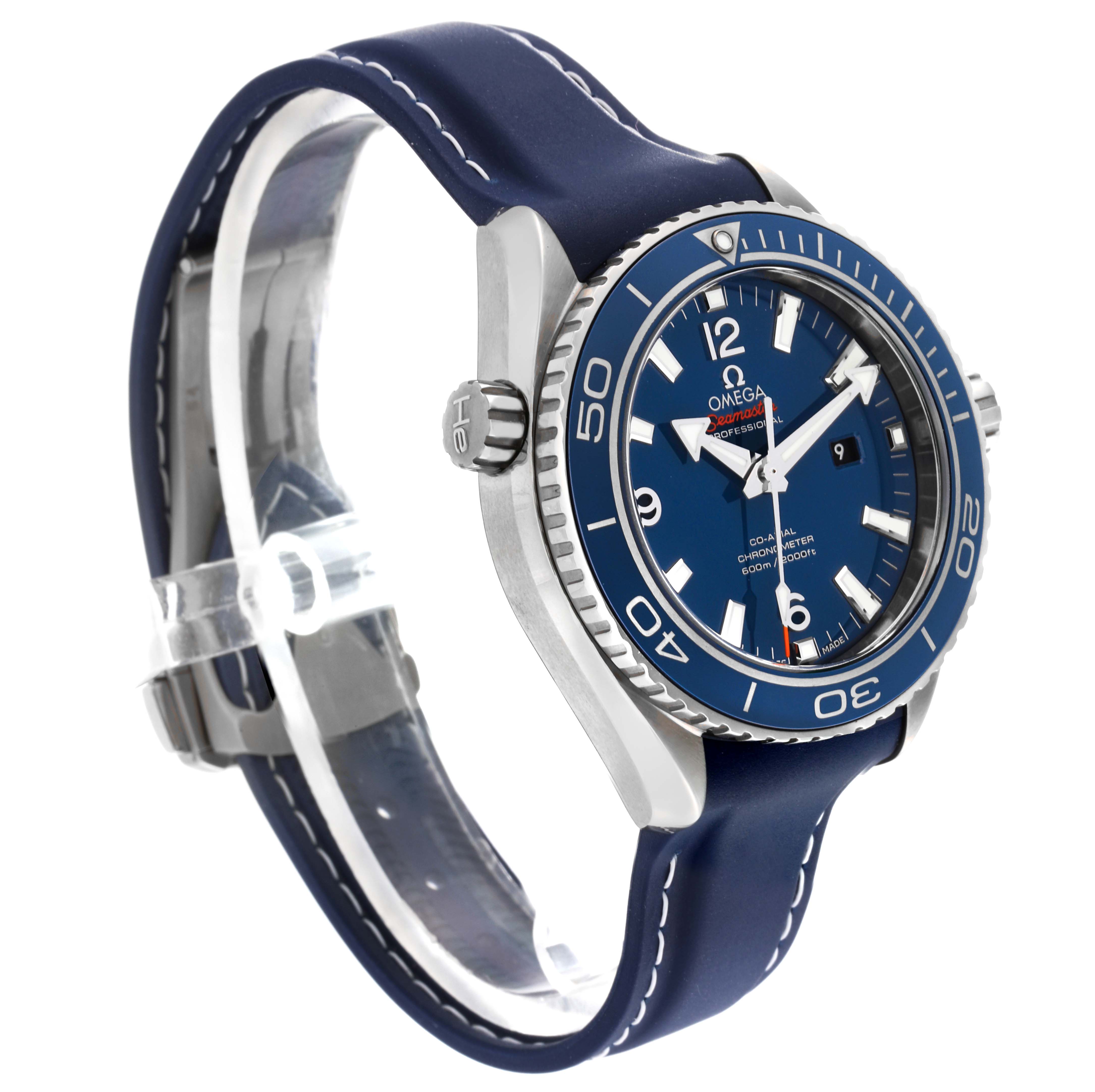 The image shows an angled view of the Omega Planet Ocean 232.92.38.20.03.001 Men
s Titanium Blue Dial 232.92.38.20.03.001 Men
s Titanium Blue Dial watch, displaying the face, crown, bezel, and blue strap.