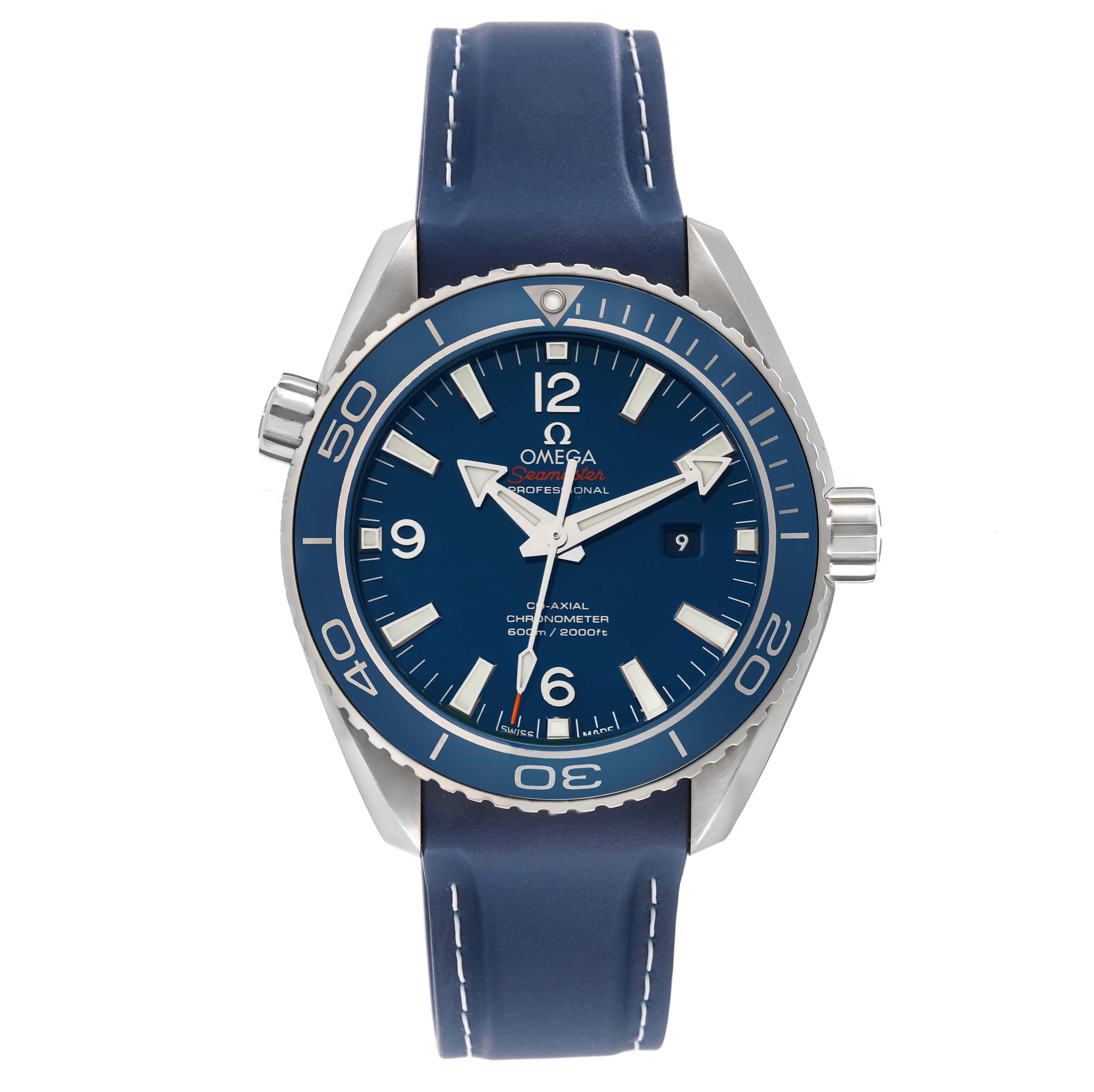 This image shows a front view of the Omega Planet Ocean 232.92.38.20.03.001 Men
s Titanium Blue Dial 232.92.38.20.03.001 Men
s Titanium Blue Dial watch, highlighting its bezel, dial, hands, and strap.