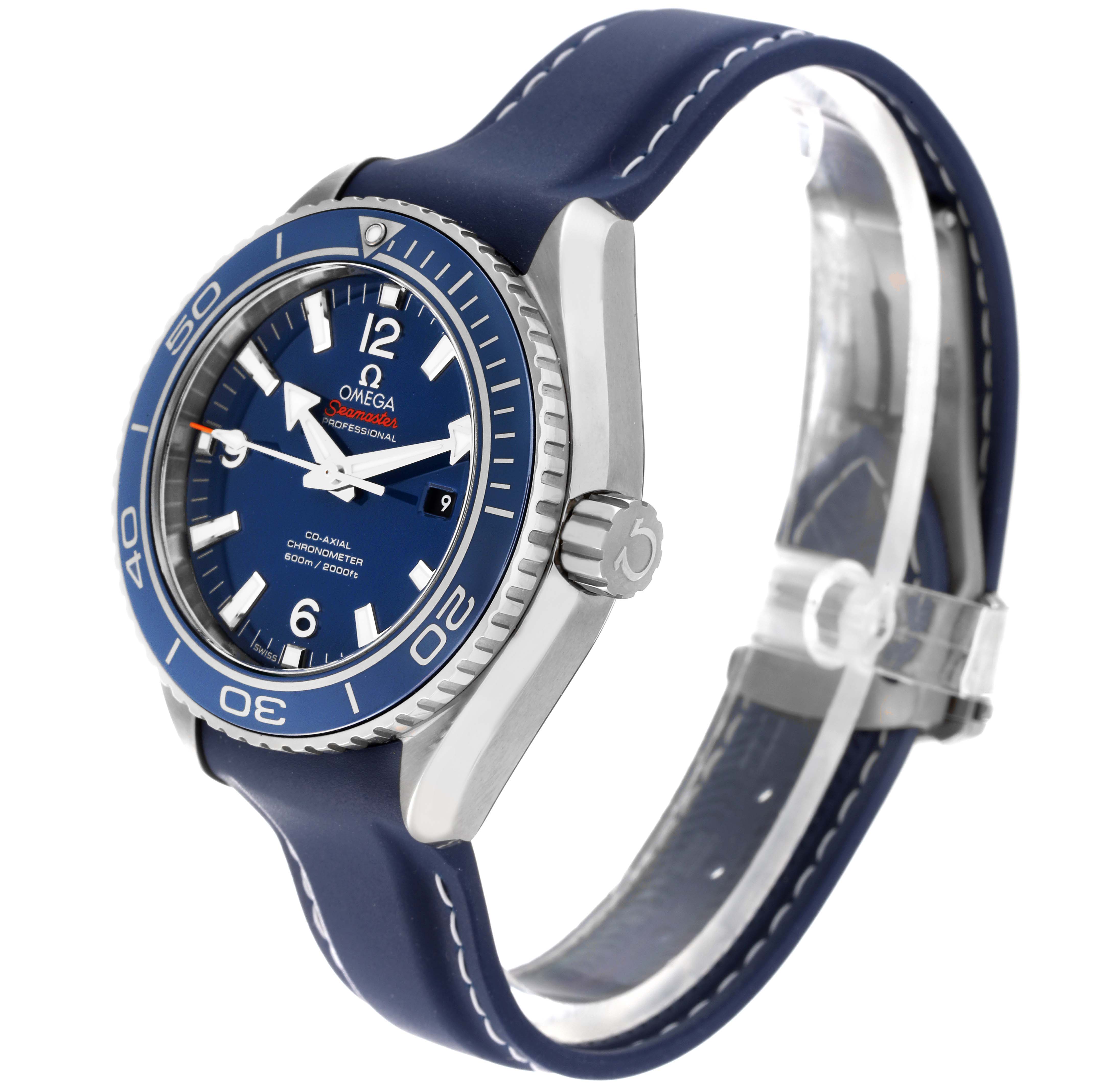 This image shows a side-angle view of the Omega Planet Ocean 232.92.38.20.03.001 Men
s Titanium Blue Dial 232.92.38.20.03.001 Men
s Titanium Blue Dial watch, featuring its bezel, dial, crown, and blue strap.