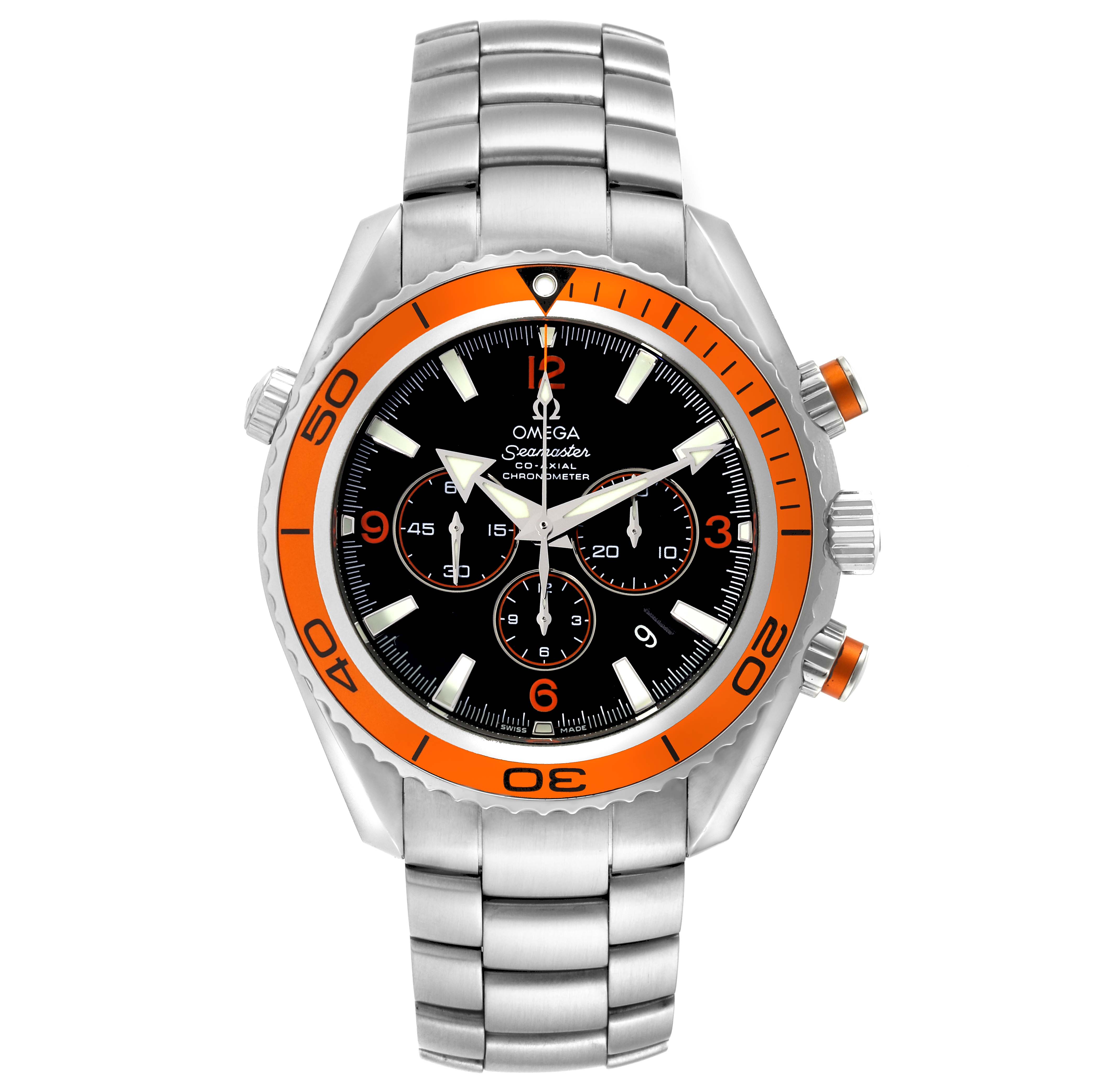 The image shows a front view of the Omega Planet Ocean 2218.50.00 Men's Stainless Steel Black Dial 2218.50.00 Men's Stainless Steel Black Dial watch with an orange bezel and a stainless steel bracelet.
