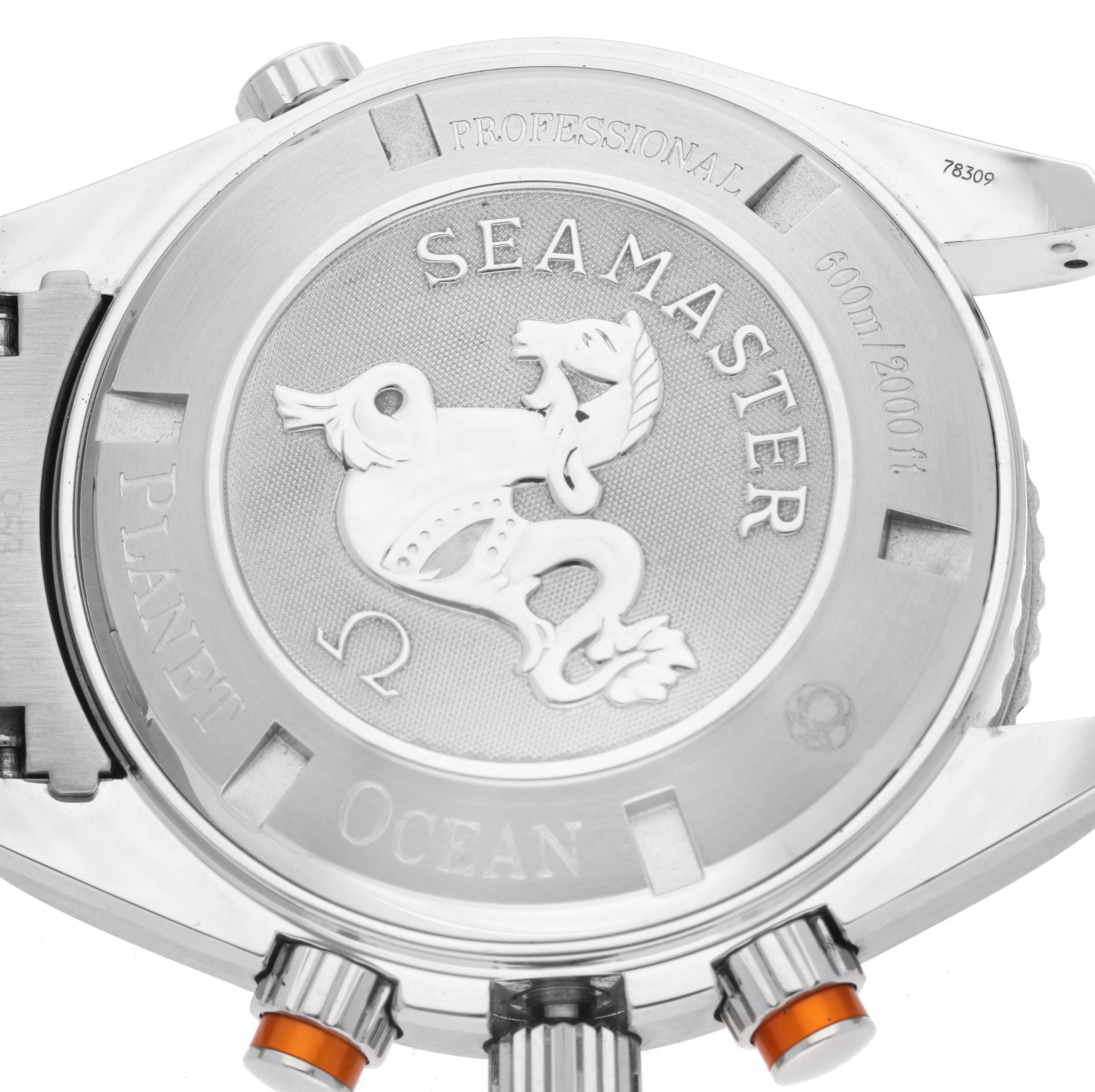 This image shows the case back of an Omega Seamaster Planet Ocean watch, highlighting its engravings and design.