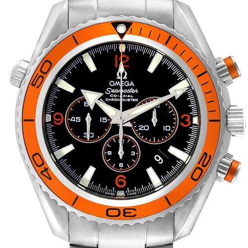 The image shows the front view of the Omega Seamaster Planet Ocean watch, highlighting its orange bezel, black dial, and chronograph sub-dials.