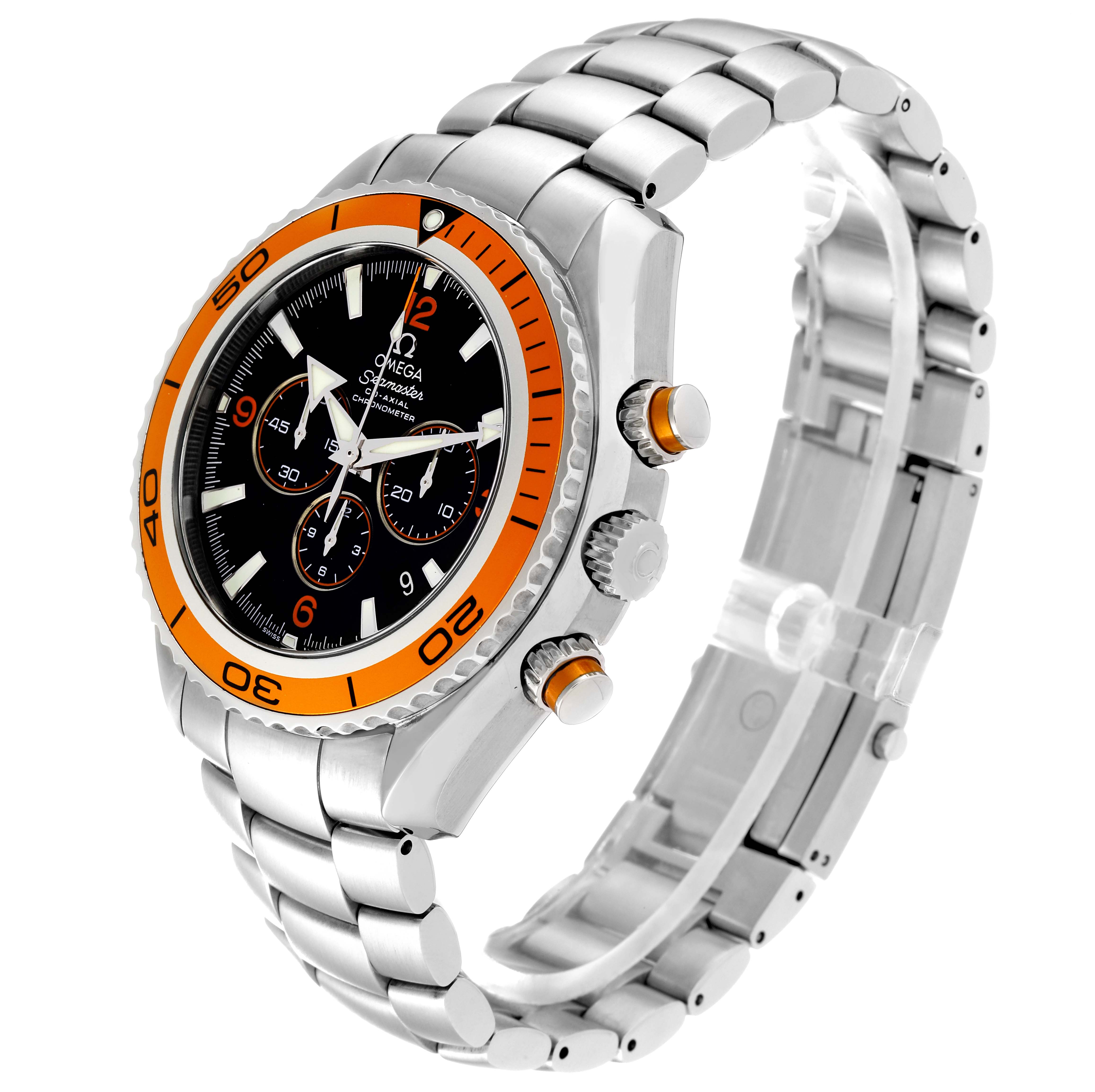 The Omega Planet Ocean 2218.50.00 Men's Stainless Steel Black Dial 2218.50.00 Men's Stainless Steel Black Dial watch is shown at a slight side angle, displaying the bezel, dial, case, crown, and bracelet.