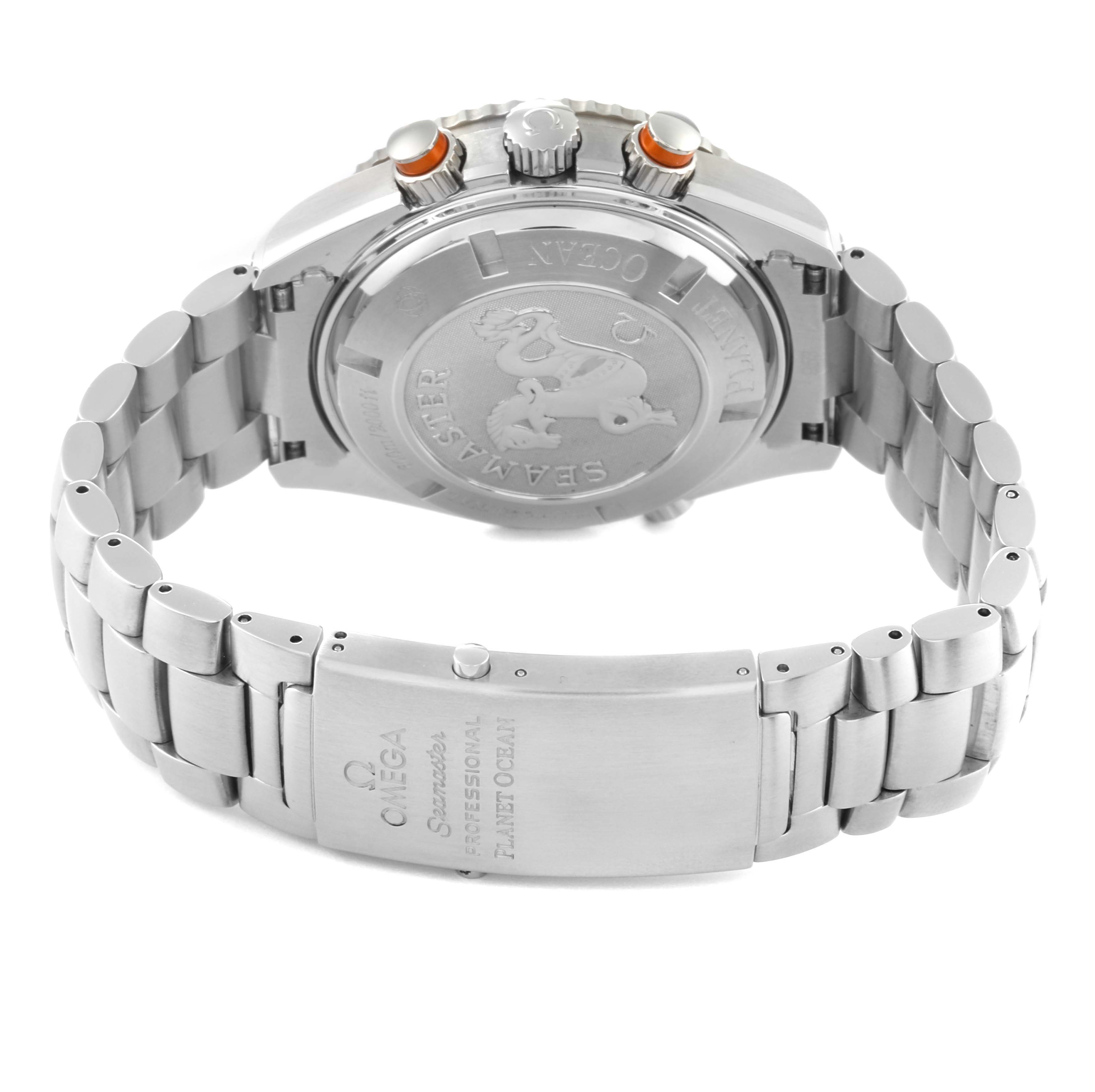 The image shows the back view of the Omega Planet Ocean 2218.50.00 Men's Stainless Steel Black Dial 2218.50.00 Men's Stainless Steel Black Dial watch with its stainless steel bracelet and clasp engraved.