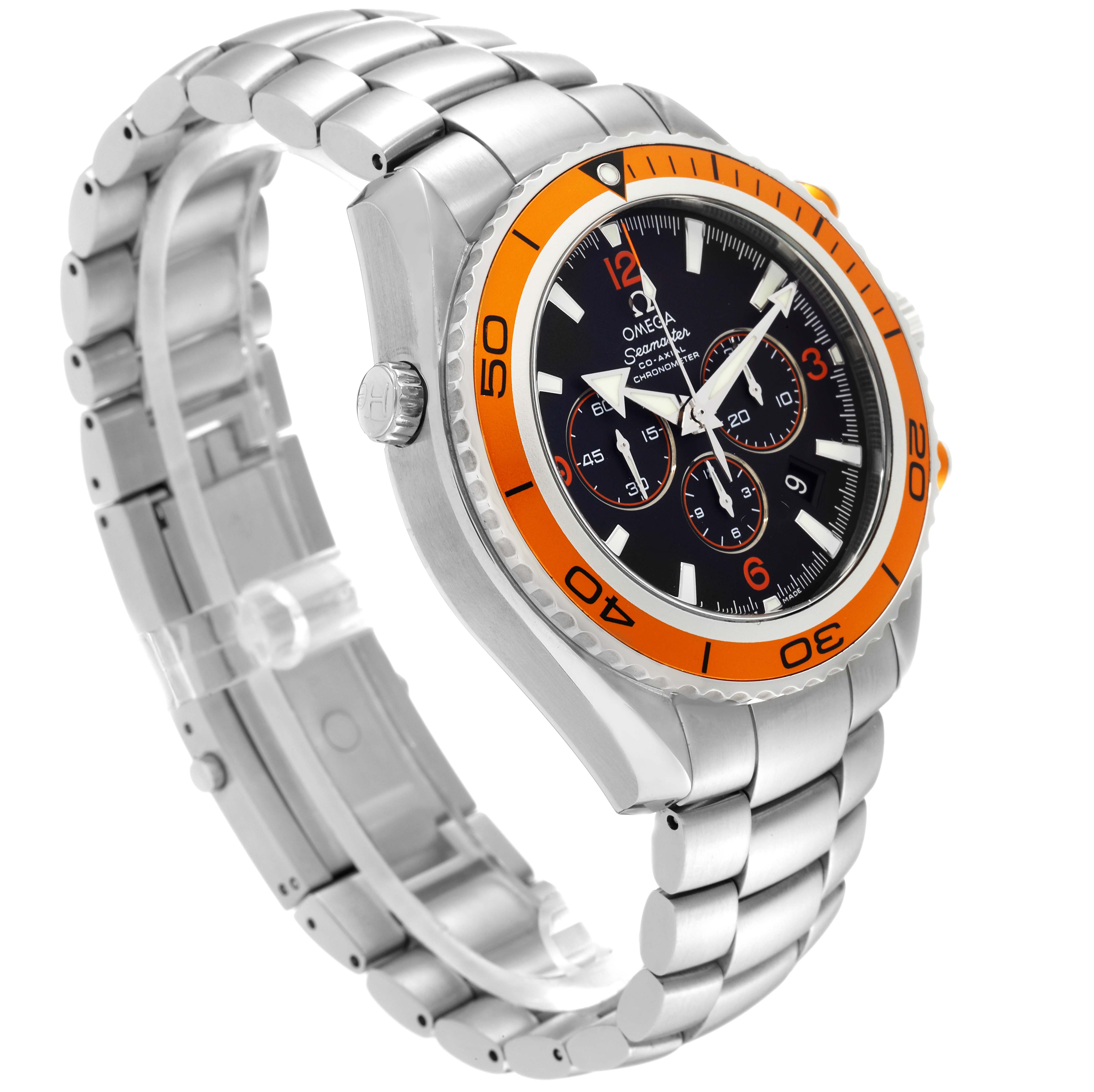 This image shows a side-angle view of the Omega Planet Ocean 2218.50.00 Men's Stainless Steel Black Dial 2218.50.00 Men's Stainless Steel Black Dial watch, displaying the bracelet, dial, and orange bezel.