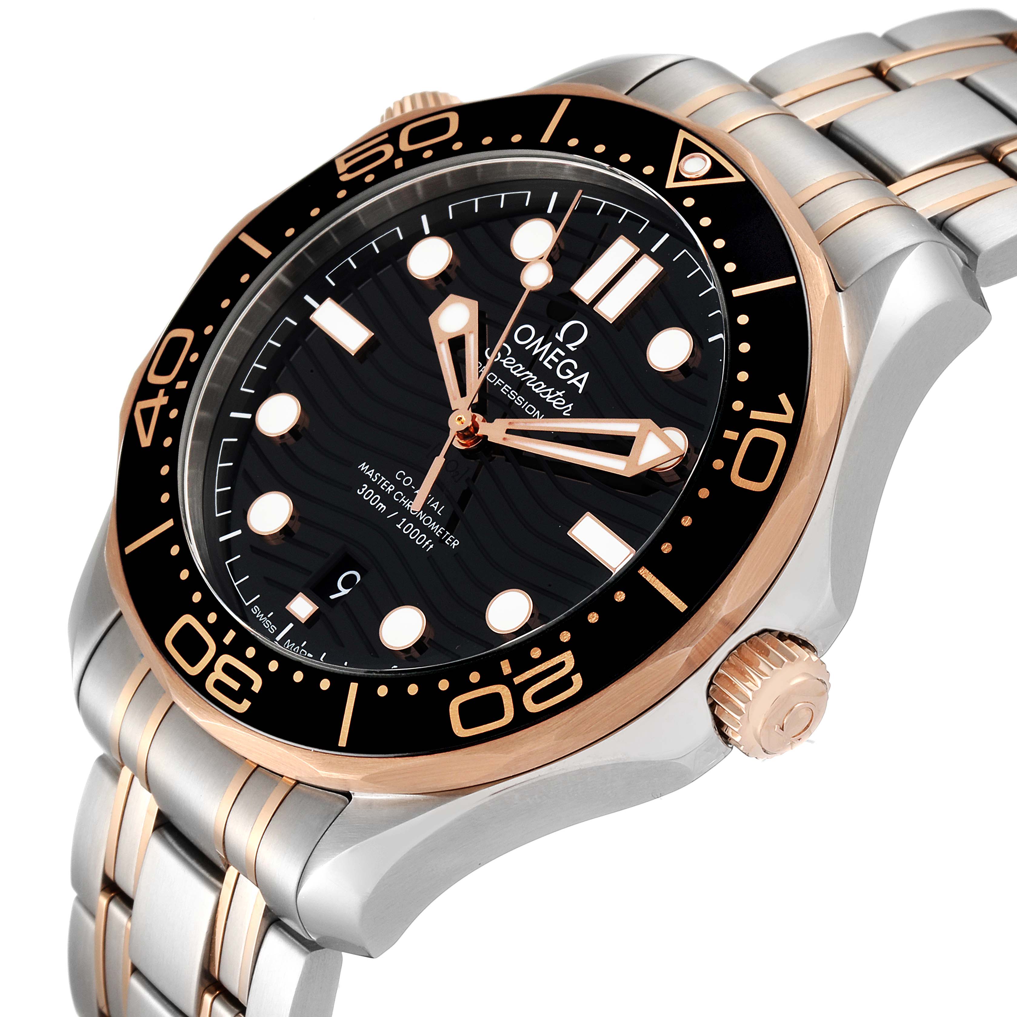 This image shows an Omega Seamaster 210.20.42.20.01.001 Men's Steel and Gold (two tone) Black Dial 210.20.42.20.01.001 Men's Steel and Gold (two tone) Black Dial watch's front and partial side views, highlighting its bezel, dial, and bracelet.