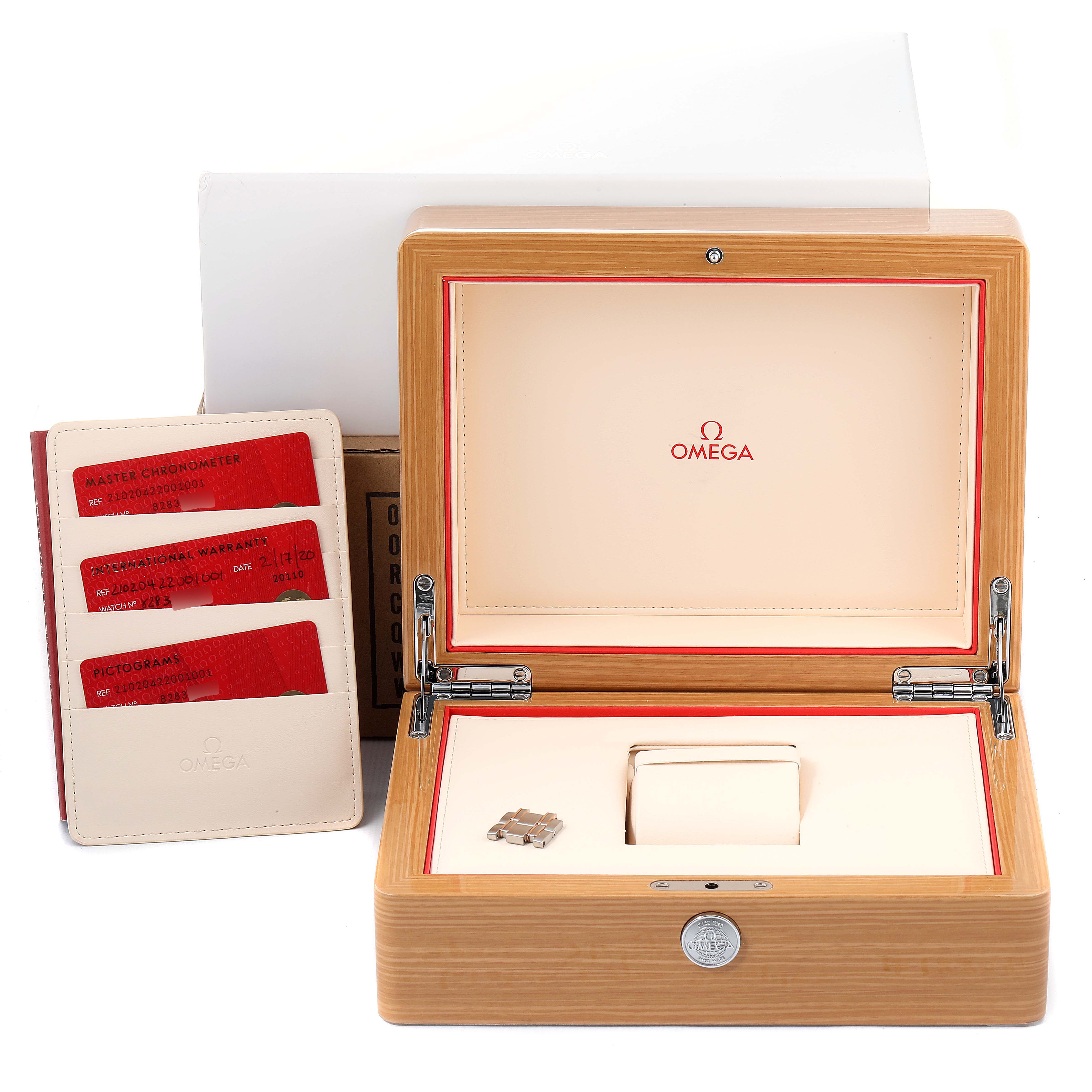 The image shows an Omega Seamaster 210.20.42.20.01.001 Men's Steel and Gold (two tone) Black Dial 210.20.42.20.01.001 Men's Steel and Gold (two tone) Black Dial watch box with warranty cards and extra links.