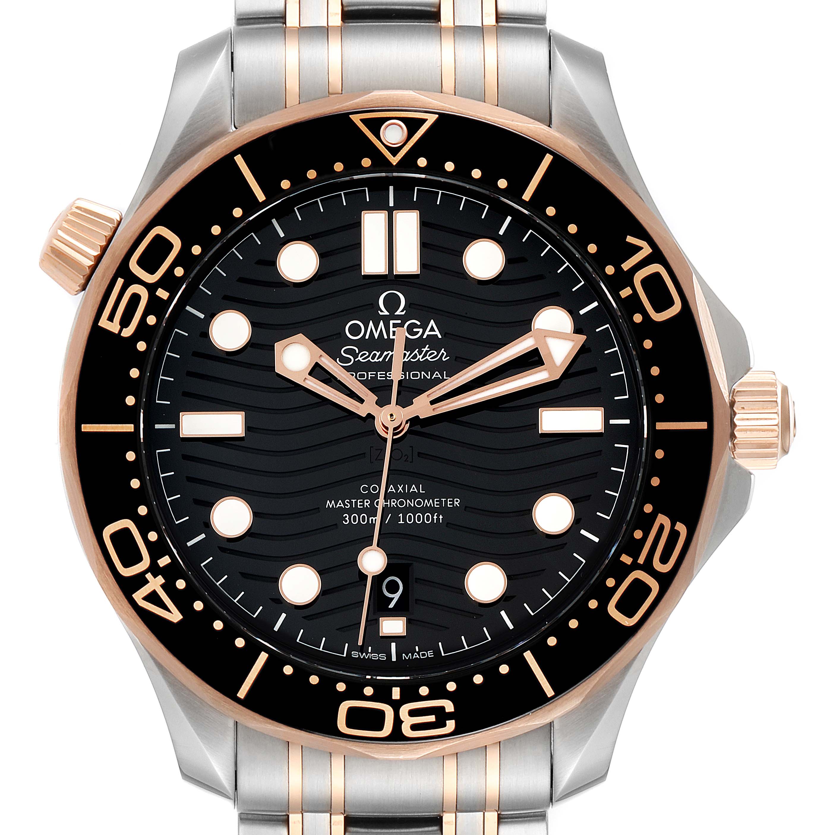 The image shows a front angle of the Omega Seamaster 210.20.42.20.01.001 Men's Steel and Gold (two tone) Black Dial 210.20.42.20.01.001 Men's Steel and Gold (two tone) Black Dial watch, highlighting its dial, bezel, hands, and a portion of the bracelet.