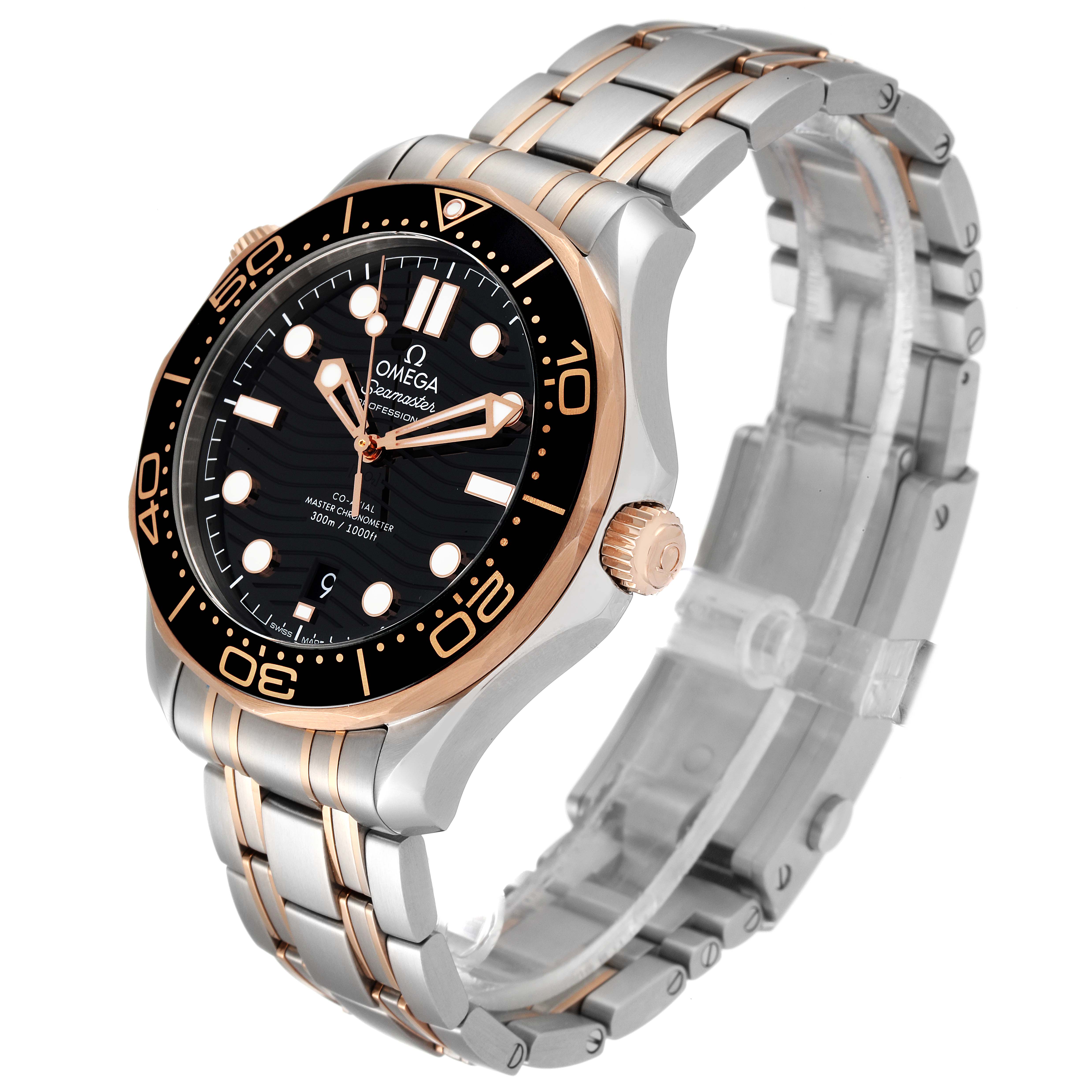 The image shows an Omega Seamaster 210.20.42.20.01.001 Men's Steel and Gold (two tone) Black Dial 210.20.42.20.01.001 Men's Steel and Gold (two tone) Black Dial watch angled to display the face, bezel, and bracelet.