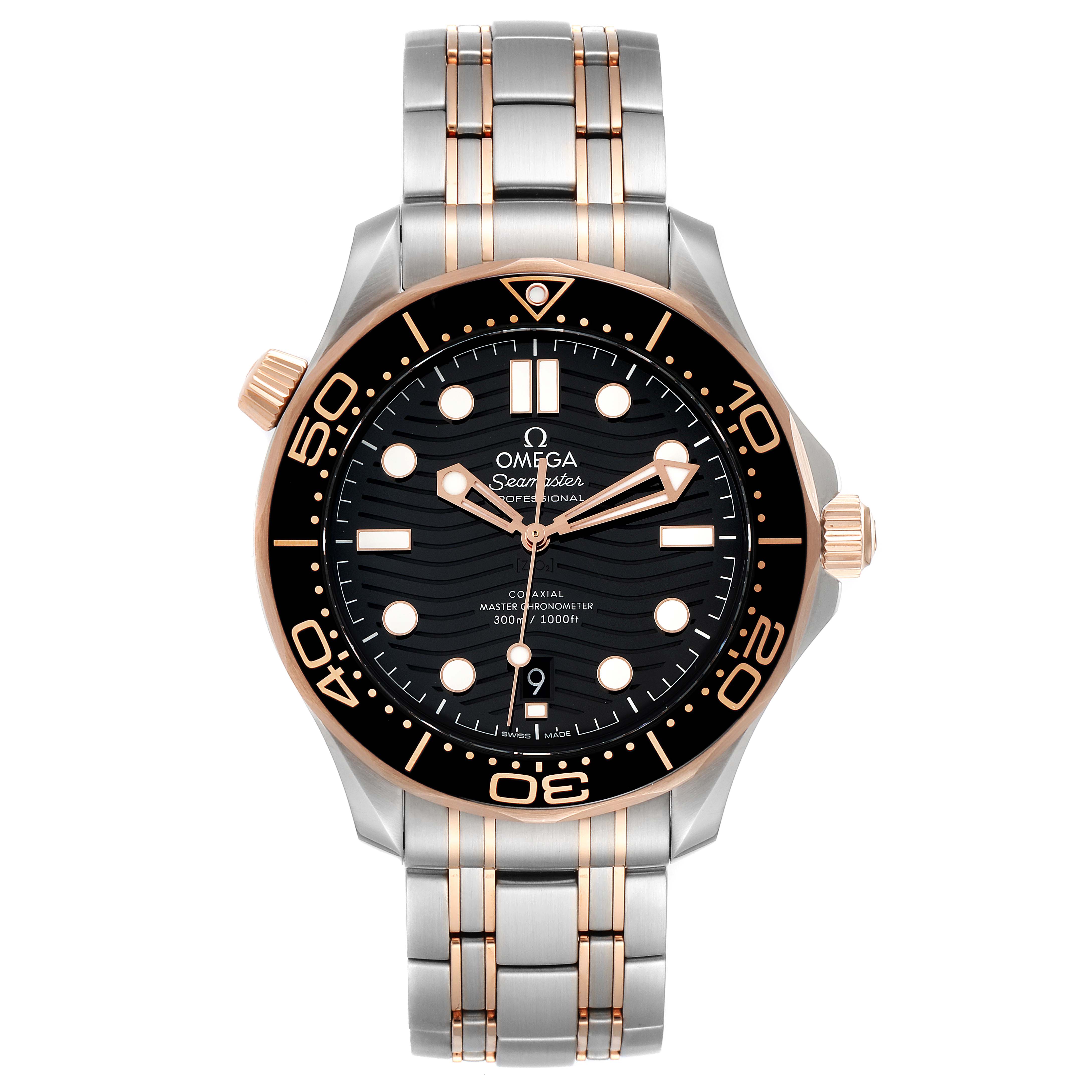 The Omega Seamaster 210.20.42.20.01.001 Men's Steel and Gold (two tone) Black Dial 210.20.42.20.01.001 Men's Steel and Gold (two tone) Black Dial watch is shown from a front angle, highlighting the face, bezel, and bracelet.