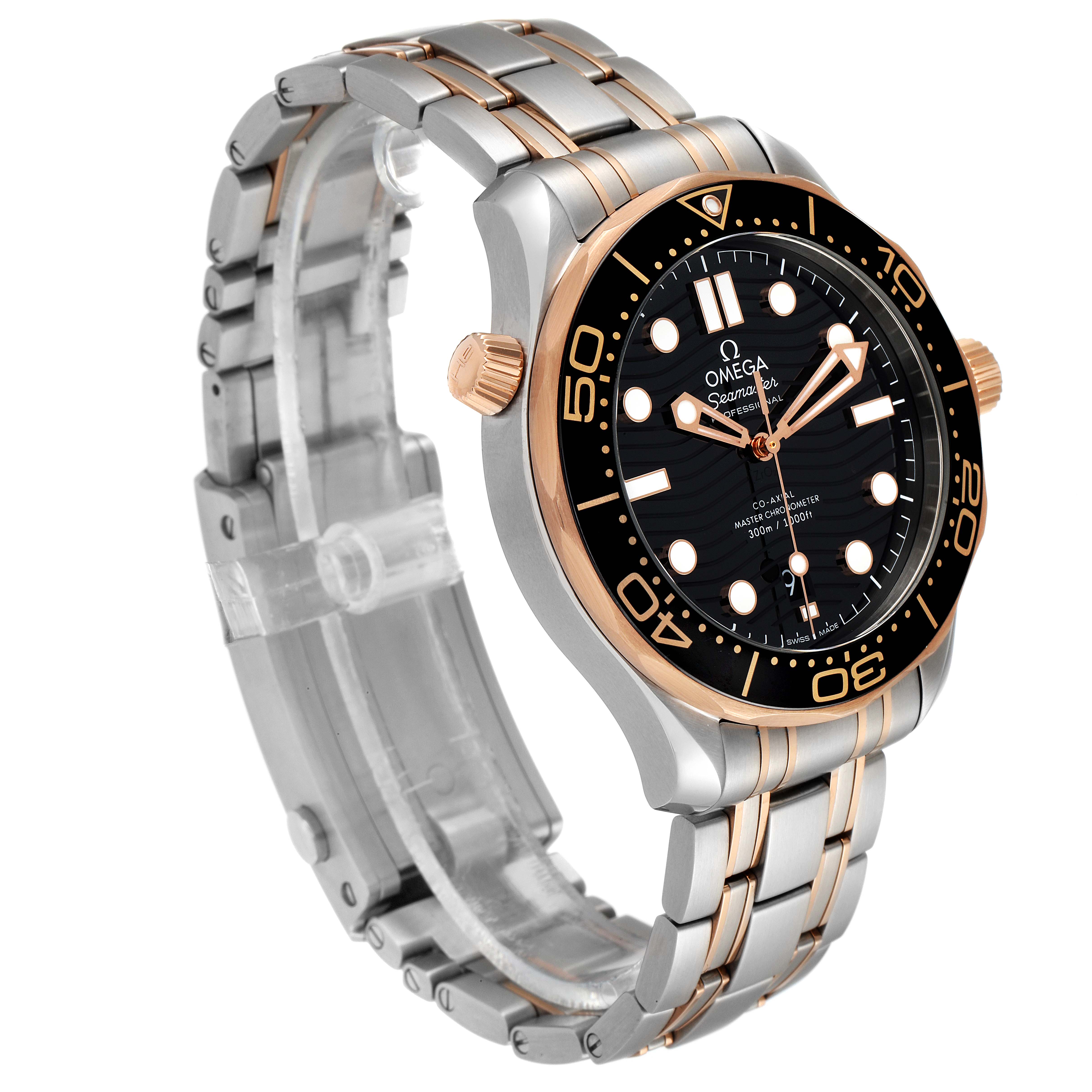 The Omega Seamaster 210.20.42.20.01.001 Men's Steel and Gold (two tone) Black Dial 210.20.42.20.01.001 Men's Steel and Gold (two tone) Black Dial watch is shown at a three-quarter angle, highlighting the face, bezel, crown, and bracelet.