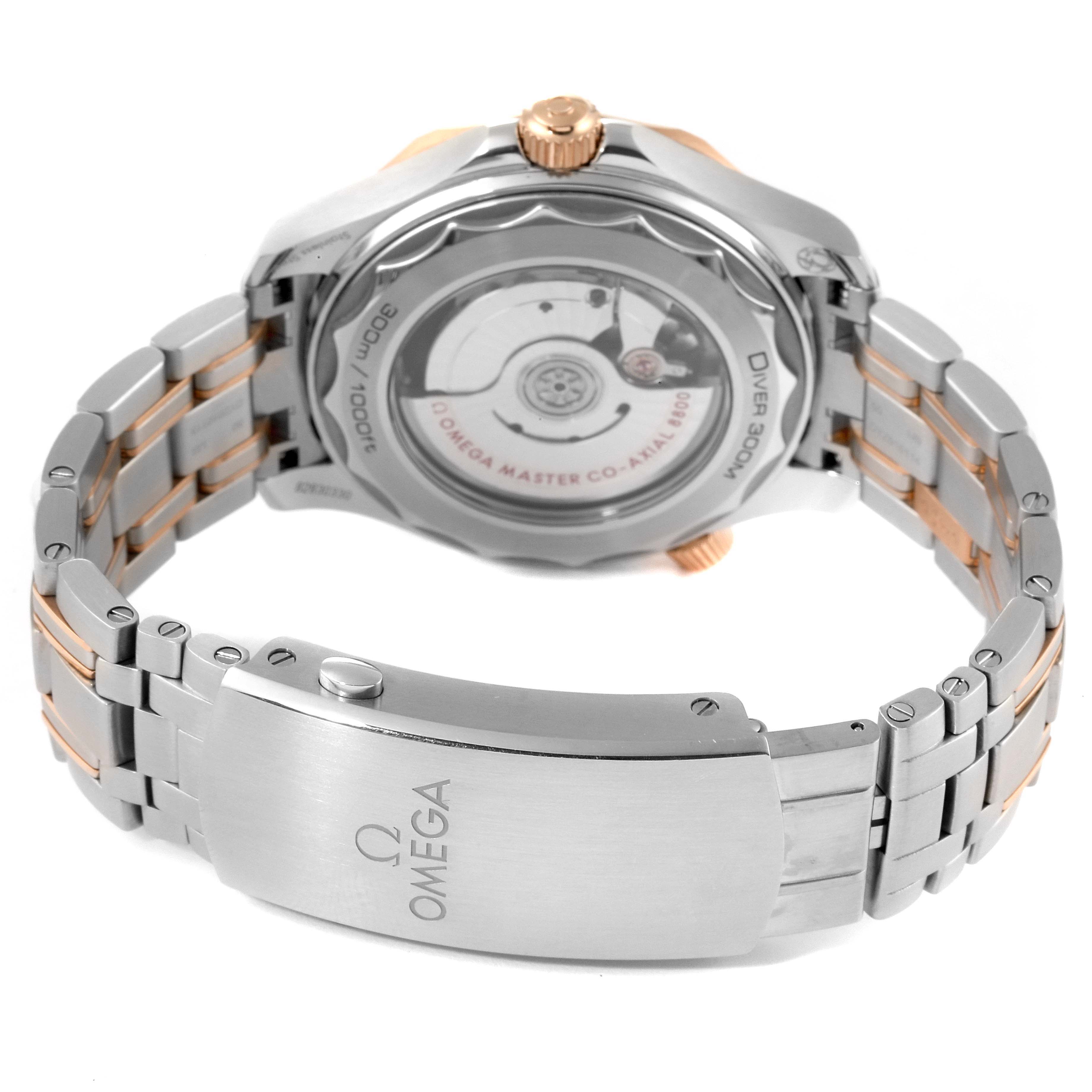 The image shows the back angle of an Omega Seamaster 210.20.42.20.01.001 Men's Steel and Gold (two tone) Black Dial 210.20.42.20.01.001 Men's Steel and Gold (two tone) Black Dial watch, highlighting its case back, bracelet, and clasp.