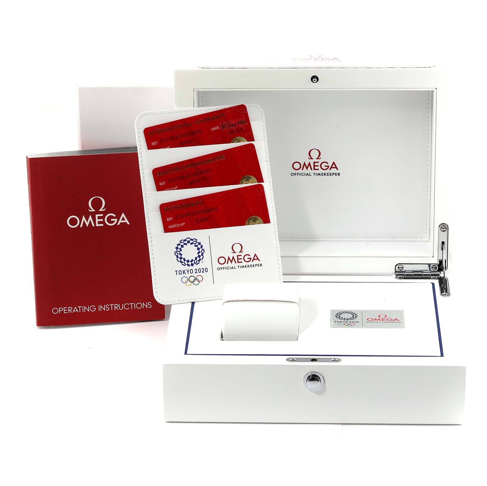 The image shows the Omega Seamaster 522.30.42.20.04.001 Men
s Stainless Steel White Dial 522.30.42.20.04.001 Men
s Stainless Steel White Dial watch
s open box, instruction manual, and warranty cards from a front angle.