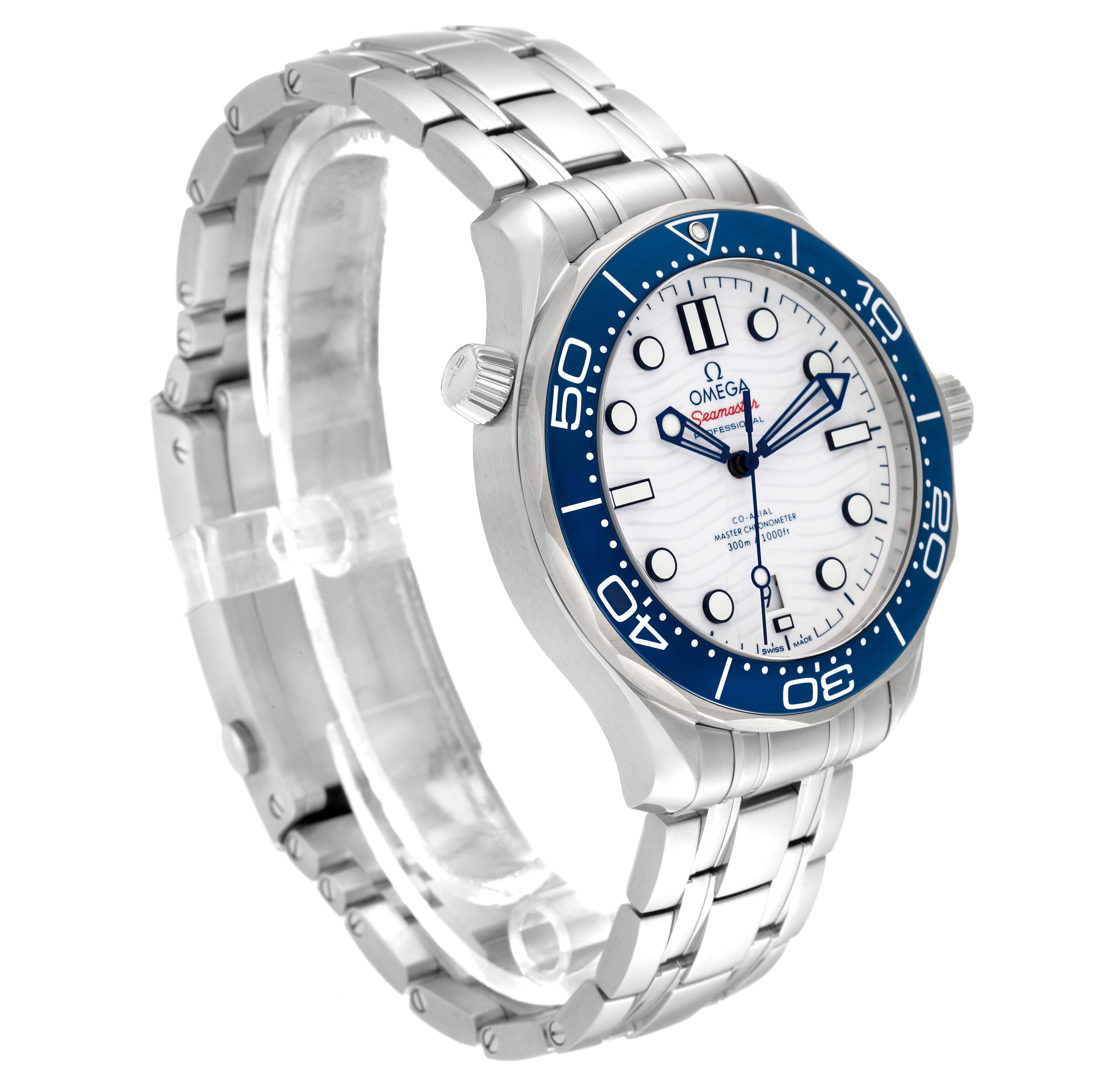 The Omega Seamaster 522.30.42.20.04.001 Men
s Stainless Steel White Dial 522.30.42.20.04.001 Men
s Stainless Steel White Dial watch is shown at a three-quarter angle highlighting the blue bezel, white dial, and stainless steel bracelet.