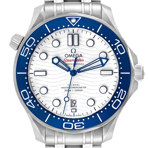 The image shows a front view of the Omega Seamaster watch, highlighting the face, bezel, hands, and crown.
