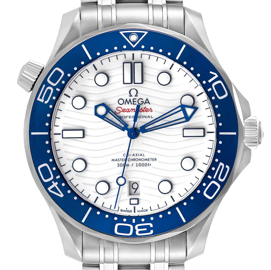 The image shows a front view of an Omega Seamaster watch, highlighting its white dial, blue bezel, and stainless steel bracelet.