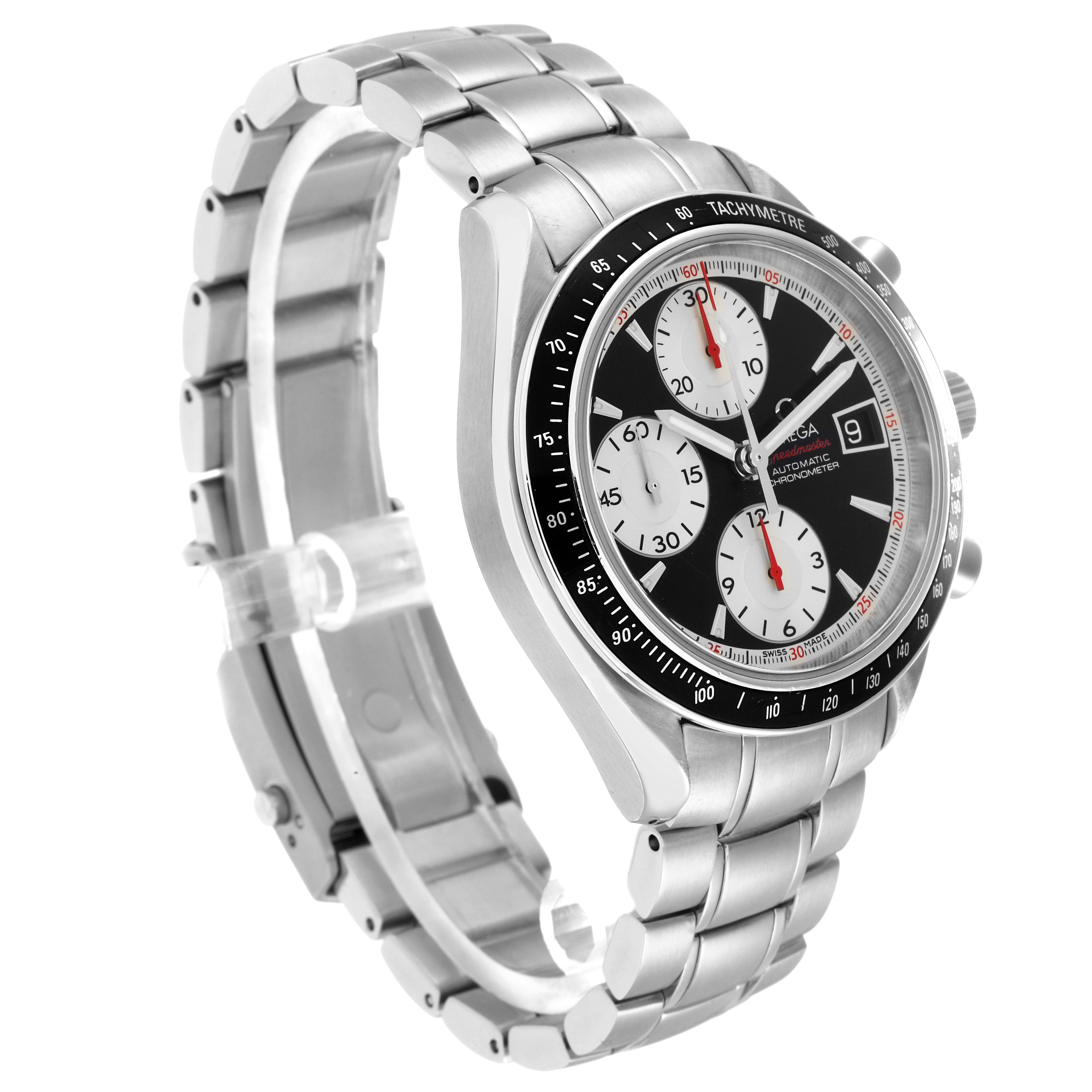 The image shows an Omega Speedmaster 3210.51.00 Men
s Stainless Steel Black Dial watch at a three-quarter angle, highlighting its dial, tachymeter bezel, and bracelet.