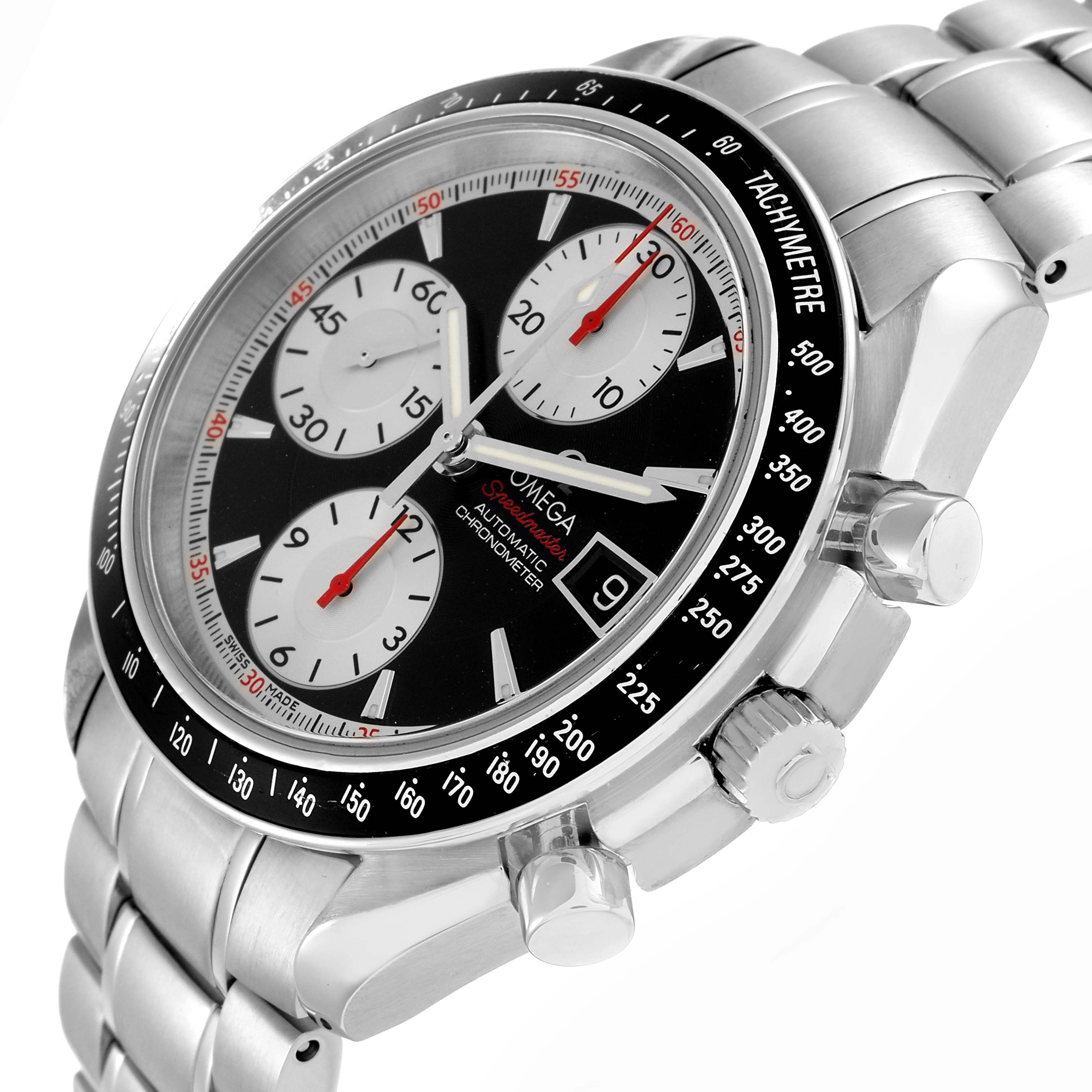 The image shows an angled view of the Omega Speedmaster 3210.51.00 Men
s Stainless Steel Black Dial, highlighting the dial, tachymeter bezel, and metal bracelet.