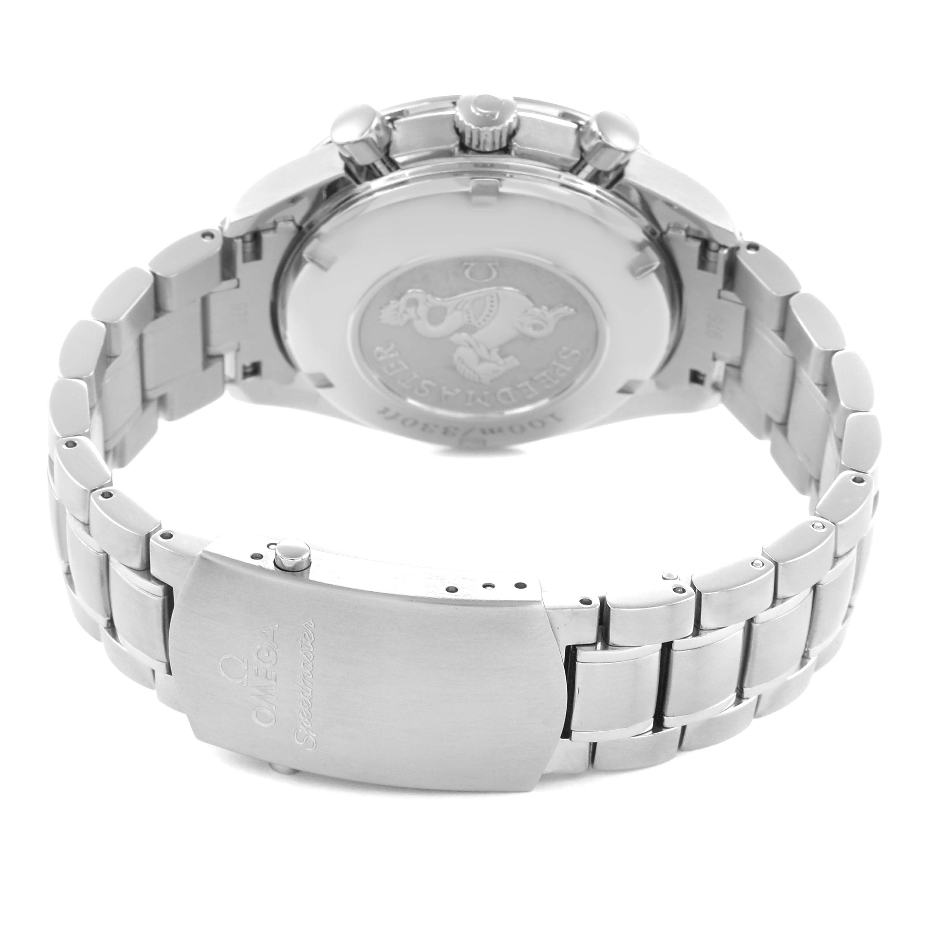 The image shows the back view of an Omega Speedmaster 3210.51.00 Men
s Stainless Steel Black Dial, highlighting the clasp, bracelet, and case back.