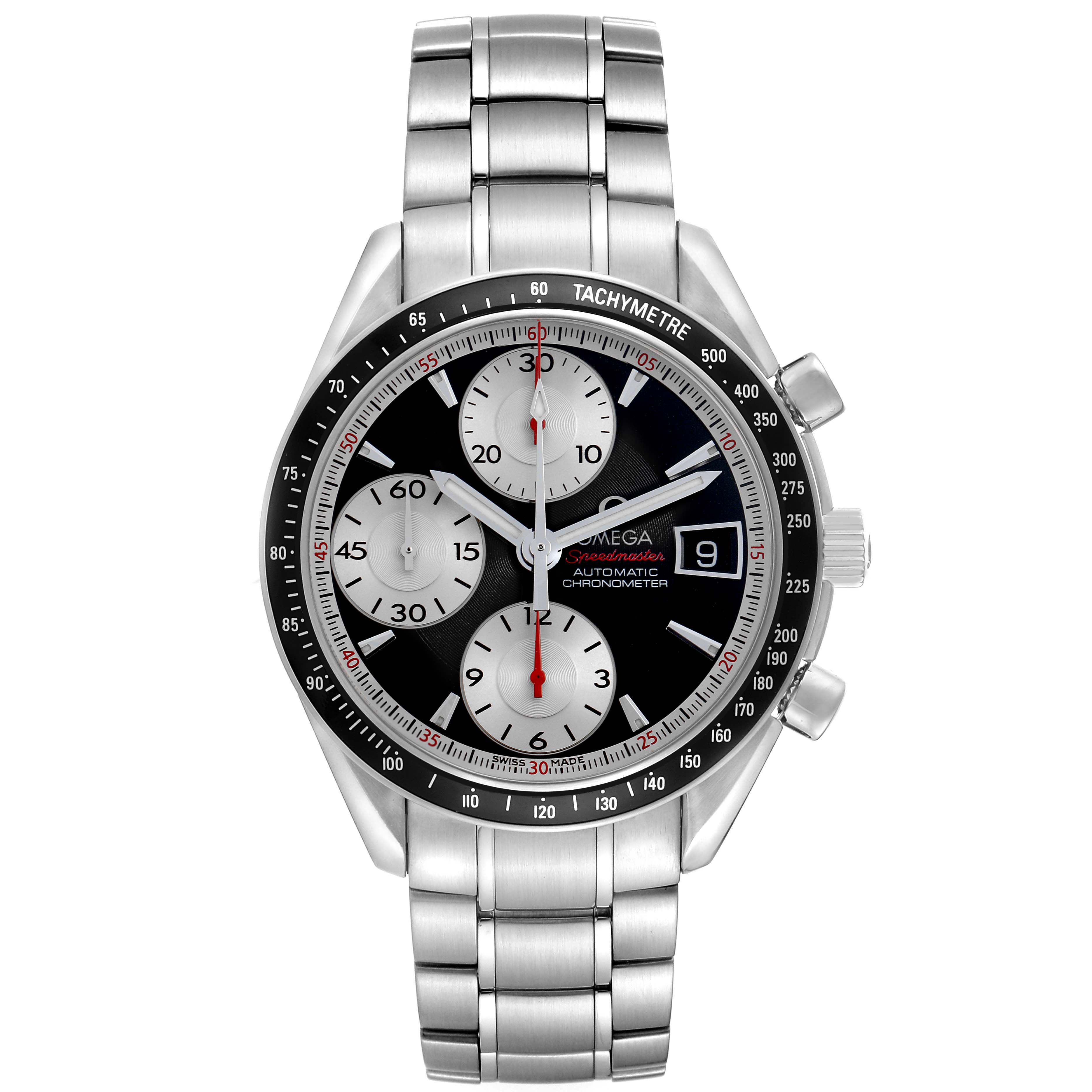 The Omega Speedmaster 3210.51.00 Men
s Stainless Steel Black Dial is shown at a front angle, highlighting its bezel, sub-dials, and stainless steel bracelet.