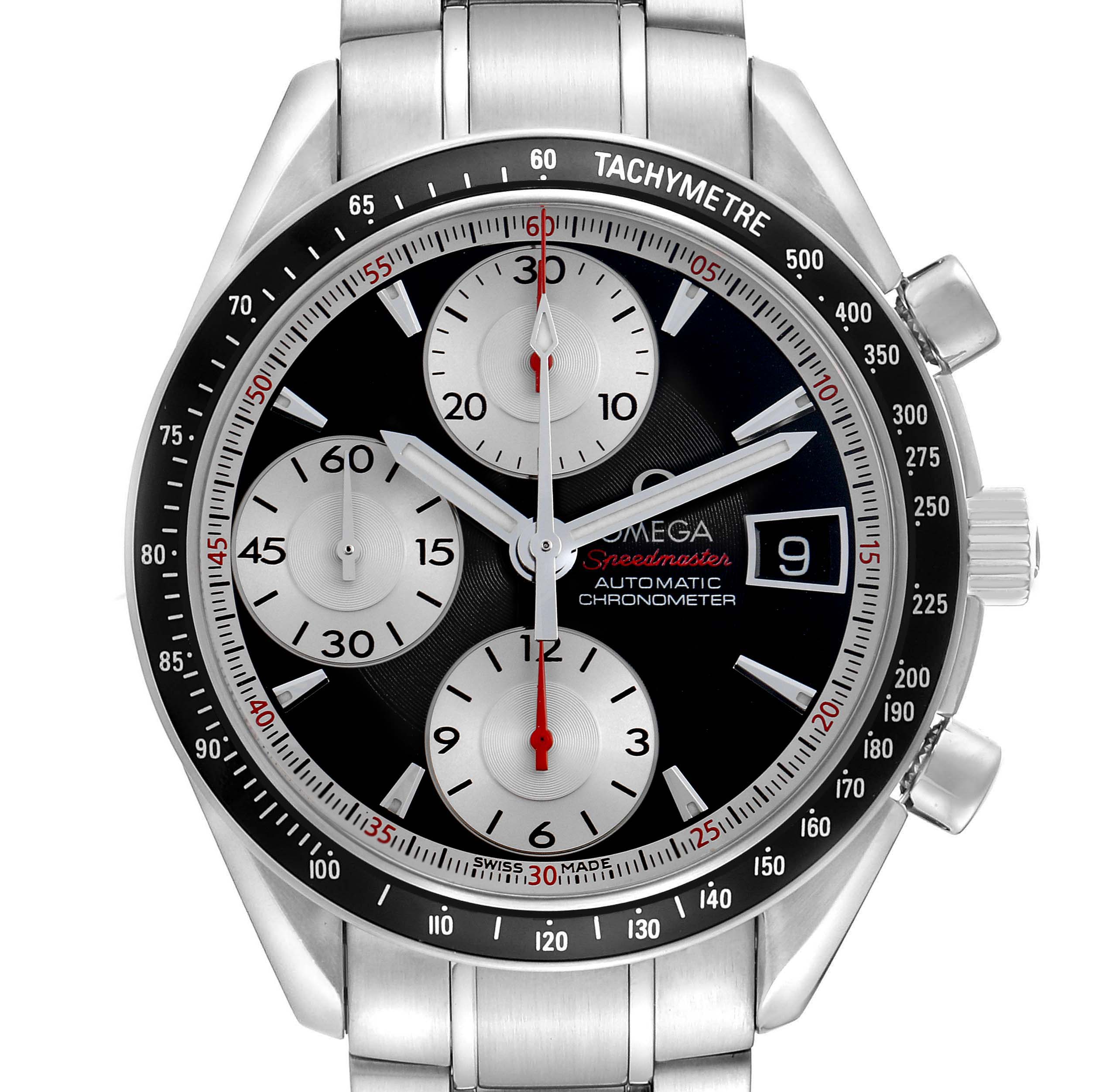 The Omega Speedmaster 3210.51.00 Men
s Stainless Steel Black Dial watch is shown from a front angle, highlighting the dial, subdials, tachymeter bezel, and pushers.