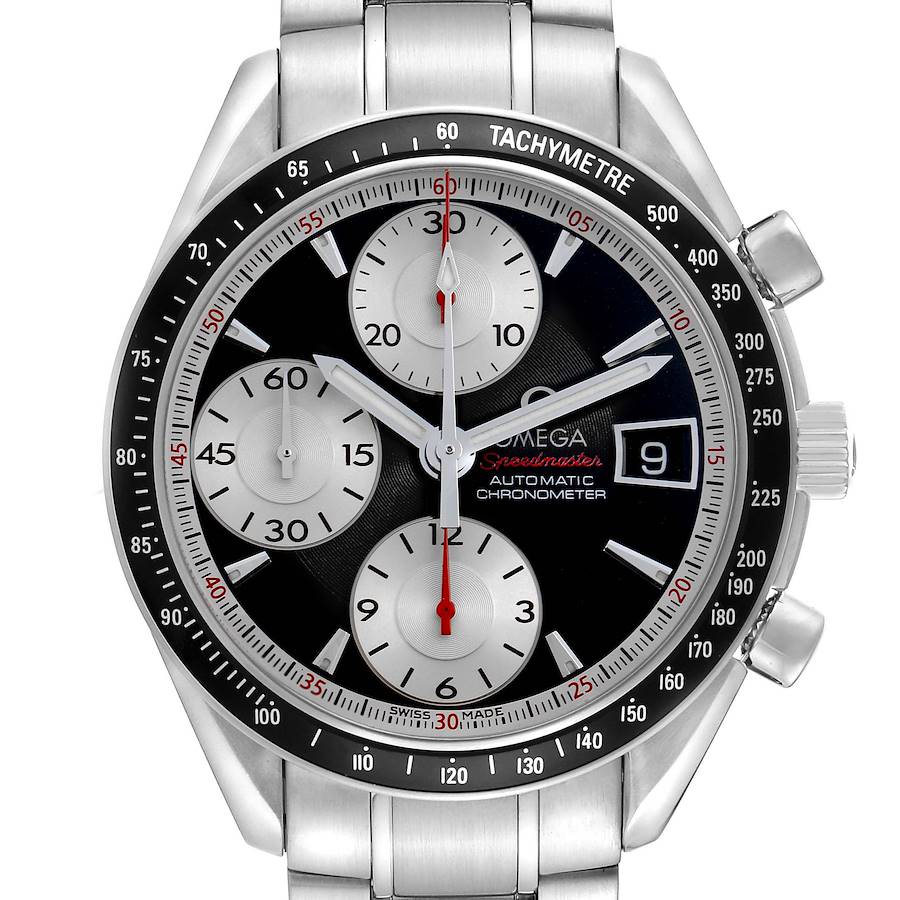 The Omega Speedmaster 3210.51.00 Men's Stainless Steel Black Dial watch is shown from a front angle, highlighting the dial, subdials, tachymeter bezel, and pushers.