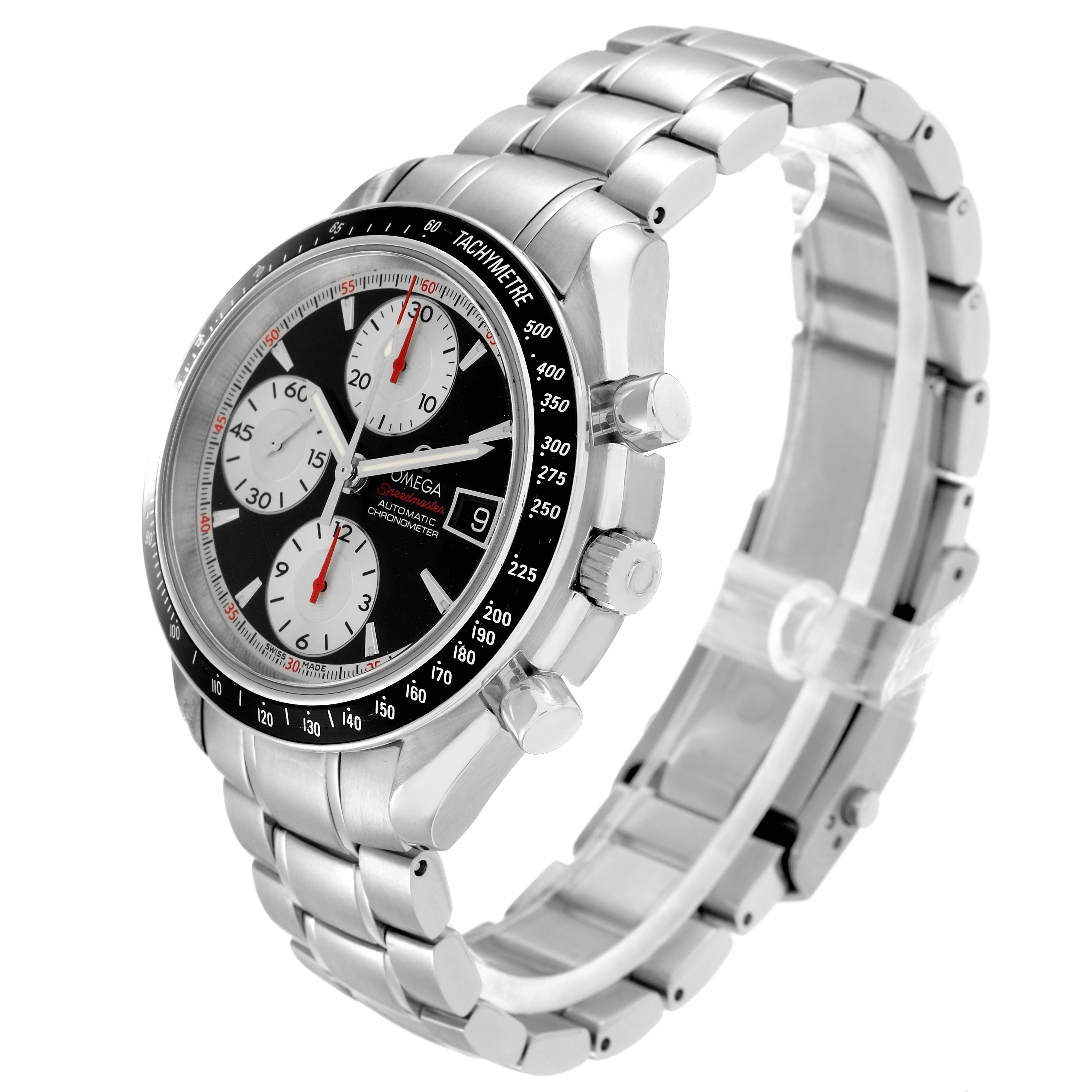 The Omega Speedmaster 3210.51.00 Men
s Stainless Steel Black Dial watch is shown at a three-quarter angle, featuring the face, bezel, pushers, crown, and metal bracelet.