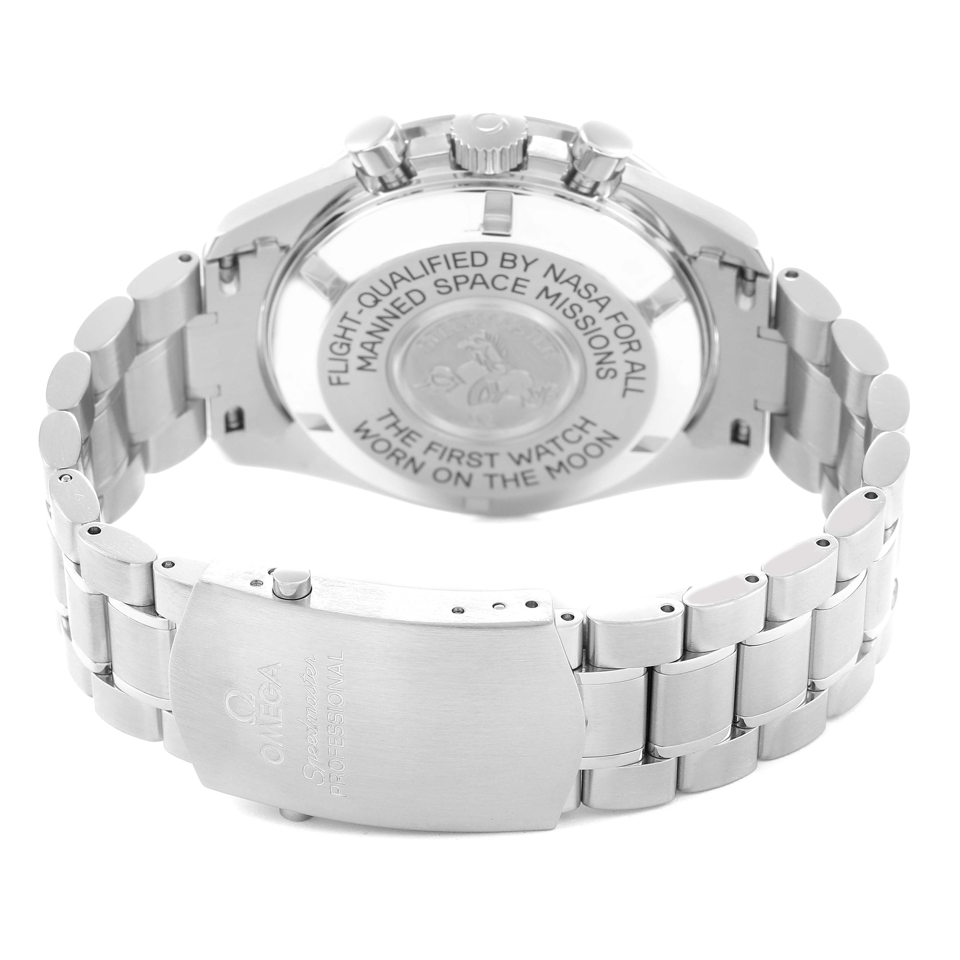The Omega Speedmaster 3575.20.00 Men
s Stainless Steel White Dial model is shown from the back, displaying the case back and metal bracelet with engraved details.