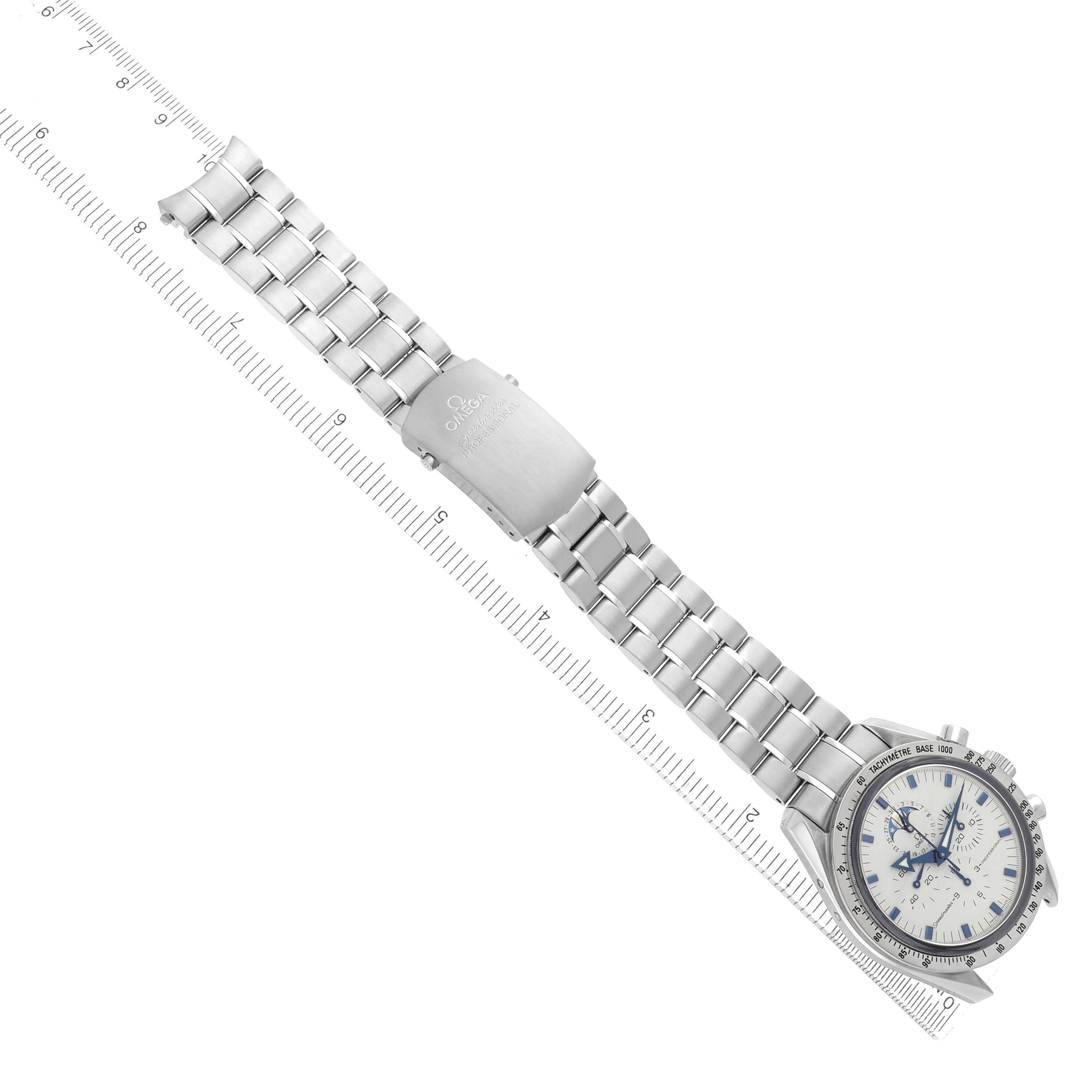 The Omega Speedmaster 3575.20.00 Men
s Stainless Steel White Dial watch is shown from an angled side view, displaying the bracelet and clasp alongside the detailed watch face.