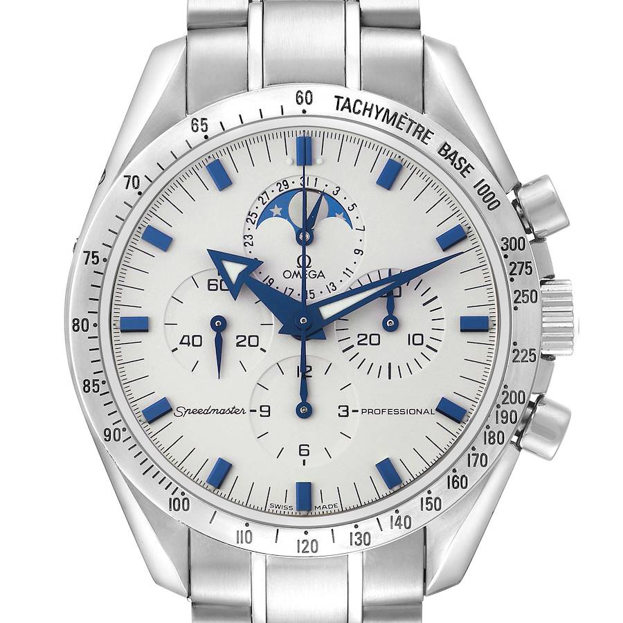 The image shows an Omega Speedmaster 3575.20.00 Men's Stainless Steel White Dial watch from a front angle, highlighting its face, tachymeter, subdials, and bracelet.