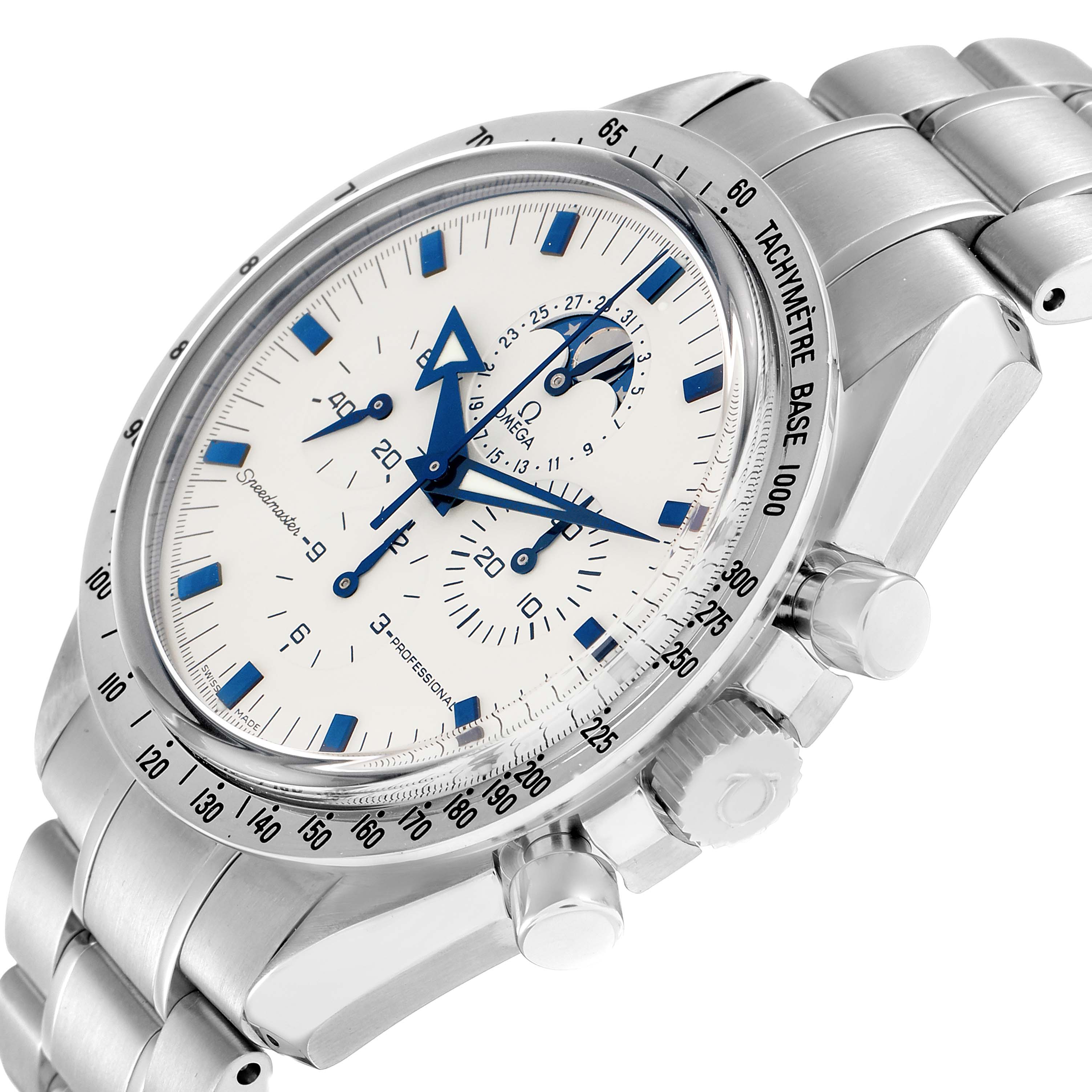 The Omega Speedmaster 3575.20.00 Men
s Stainless Steel White Dial watch is shown at an angled close-up, highlighting the dial, bezel, crown, and pushers.