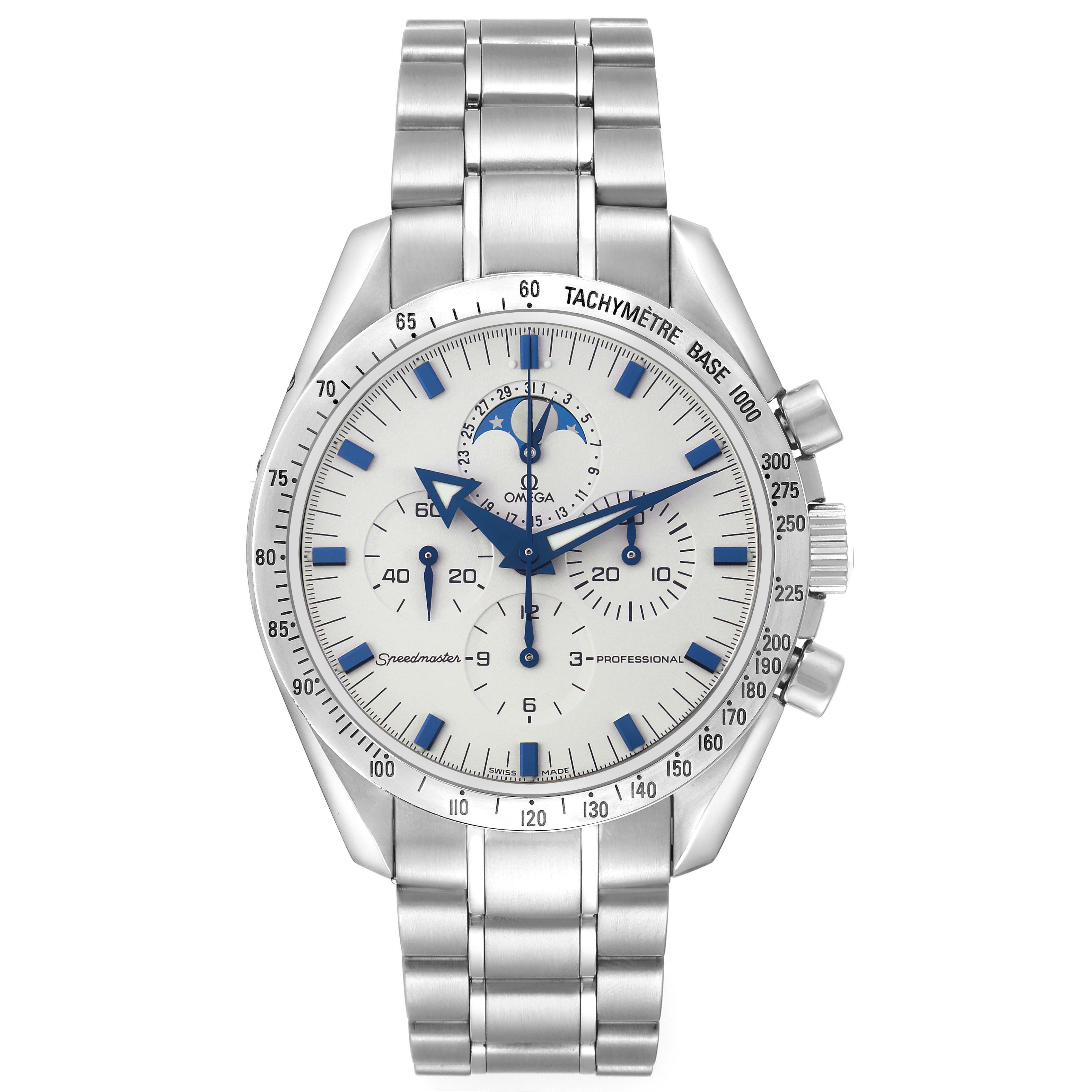 The Omega Speedmaster 3575.20.00 Men
s Stainless Steel White Dial watch is shown from the front, displaying the dial, tachymeter bezel, and bracelet.