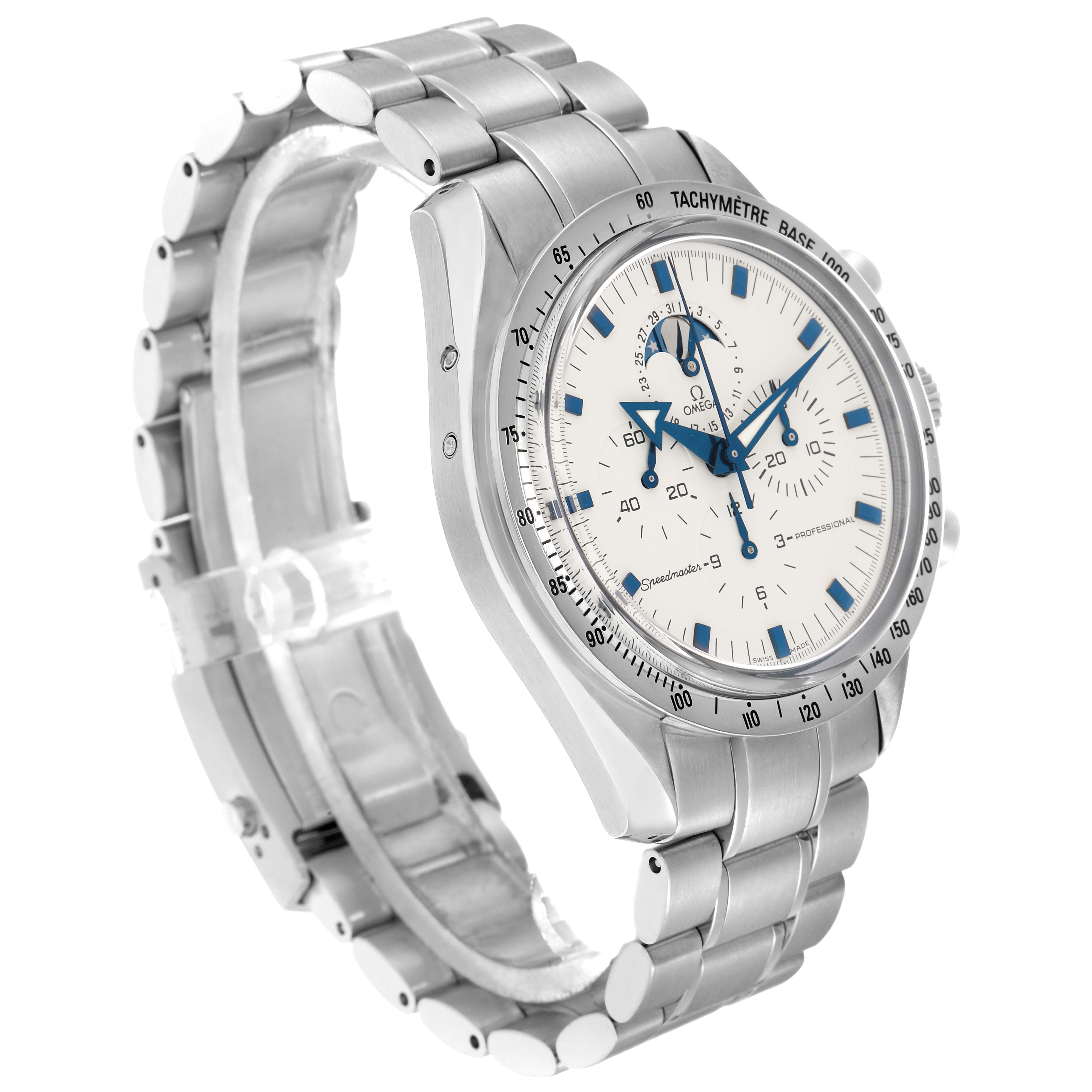 The Omega Speedmaster 3575.20.00 Men
s Stainless Steel White Dial watch is shown from a three-quarter angle, displaying the face, bezel, and stainless steel bracelet.