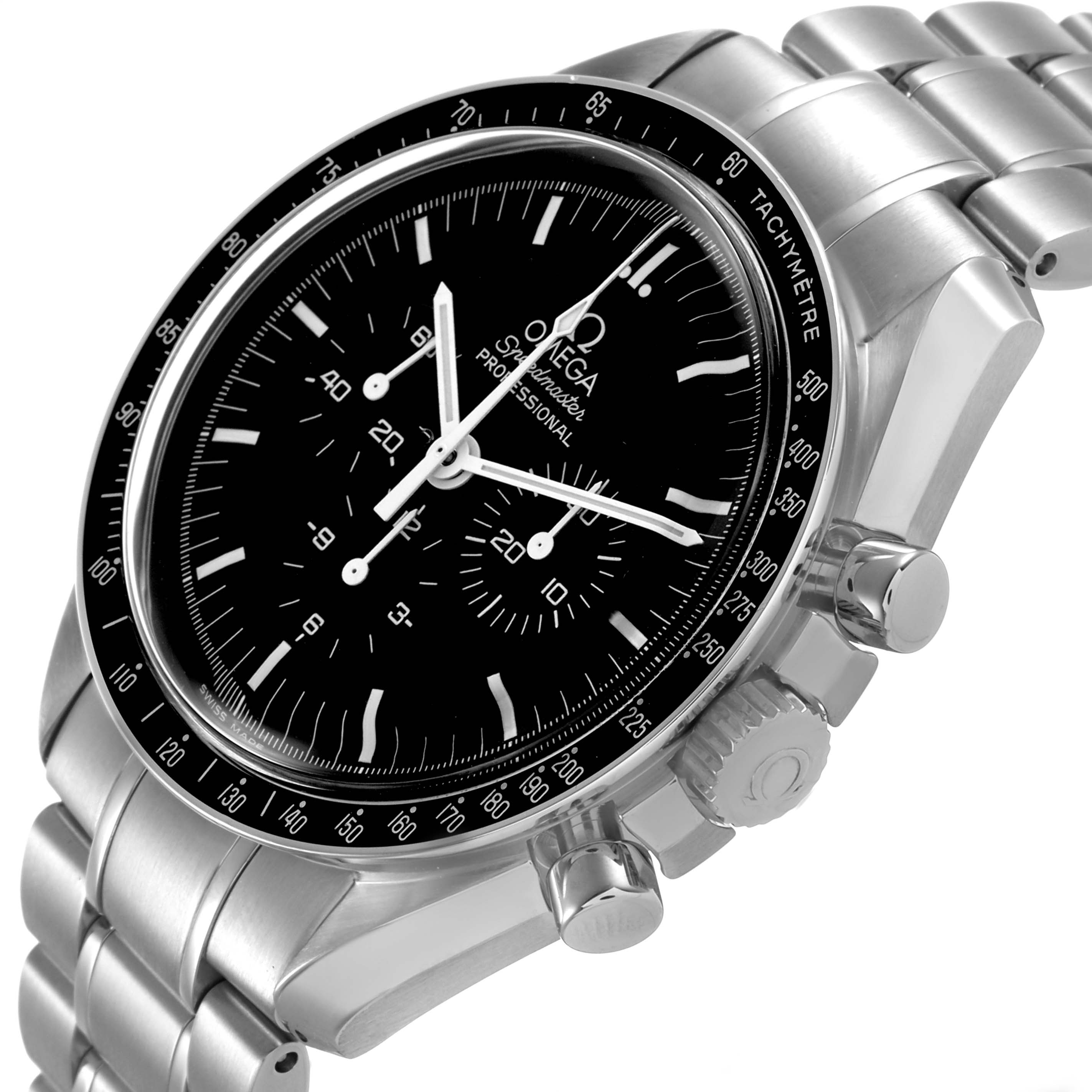 The Omega Speedmaster 311.30.42.30.01.005 Men's Stainless Steel Black Dial watch is shown at a slight angle, displaying the dial, bezel, and pushers prominently.