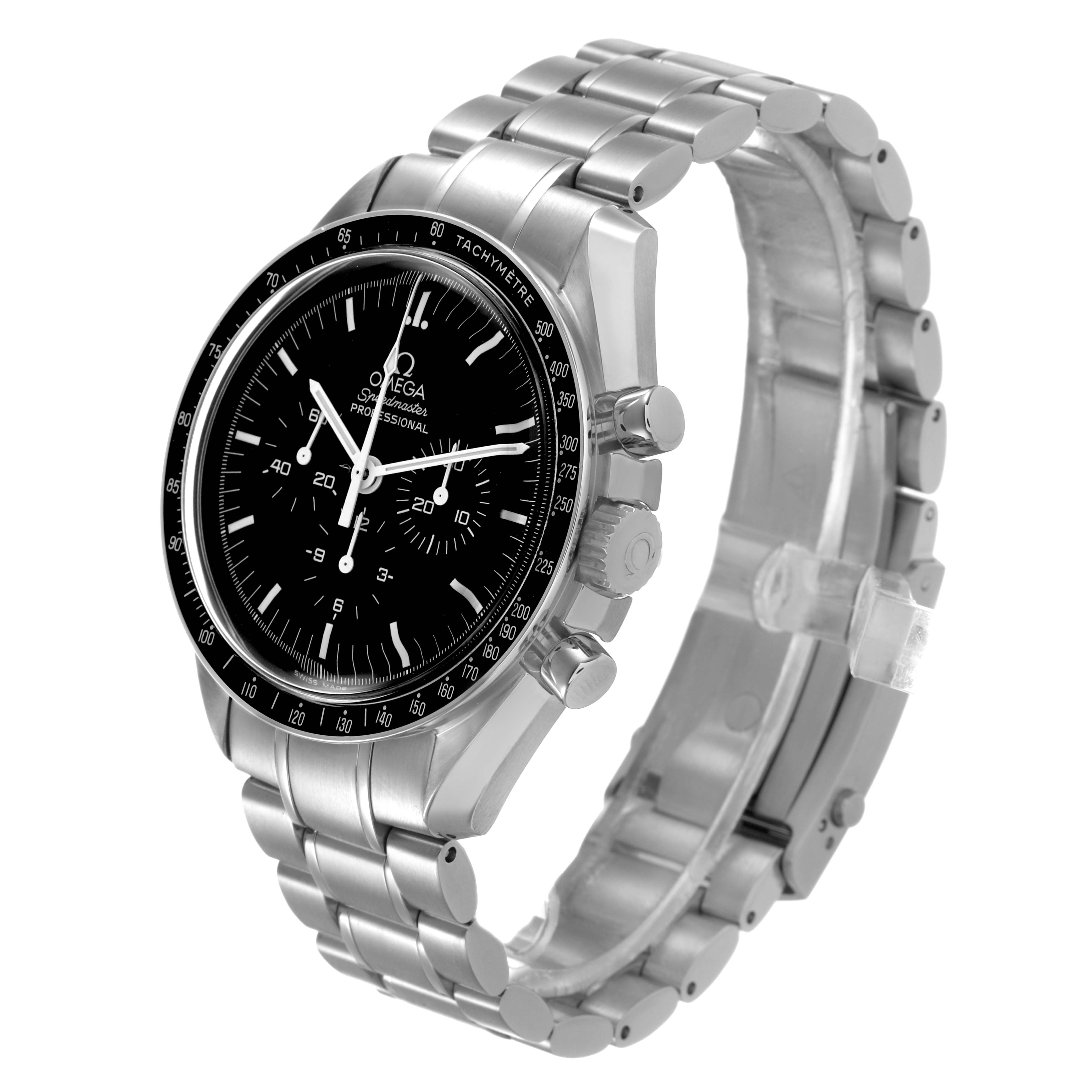 The Omega Speedmaster 311.30.42.30.01.005 Men's Stainless Steel Black Dial watch is shown at a three-quarter angle, highlighting the face, bezel, crown, pushers, and metal bracelet.