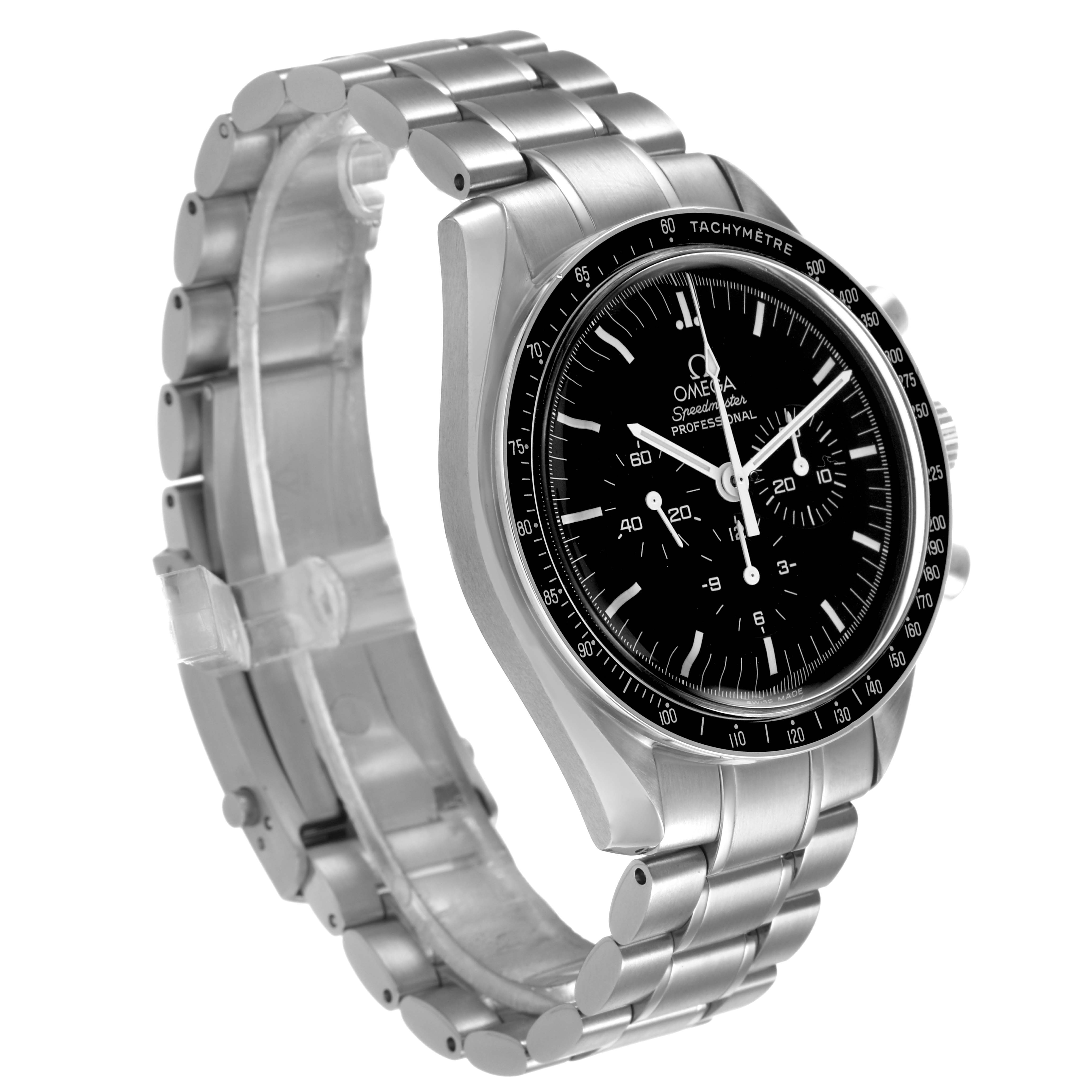 The Omega Speedmaster 311.30.42.30.01.005 Men's Stainless Steel Black Dial watch is shown from a three-quarter perspective, highlighting the dial, tachymetre bezel, and metal bracelet.