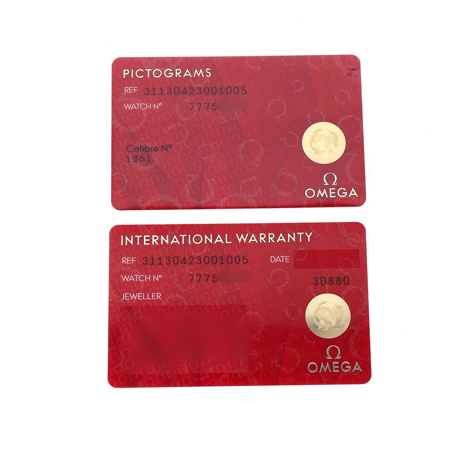 The image shows two Omega Speedmaster 311.30.42.30.01.005 Men's Stainless Steel Black Dial watch cards: one for pictograms and one for the international warranty, both in red.