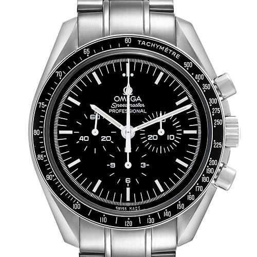 The Omega Speedmaster 311.30.42.30.01.005 Men's Stainless Steel Black Dial is shown from a front angle, displaying the dial, bezel, and stainless steel bracelet.