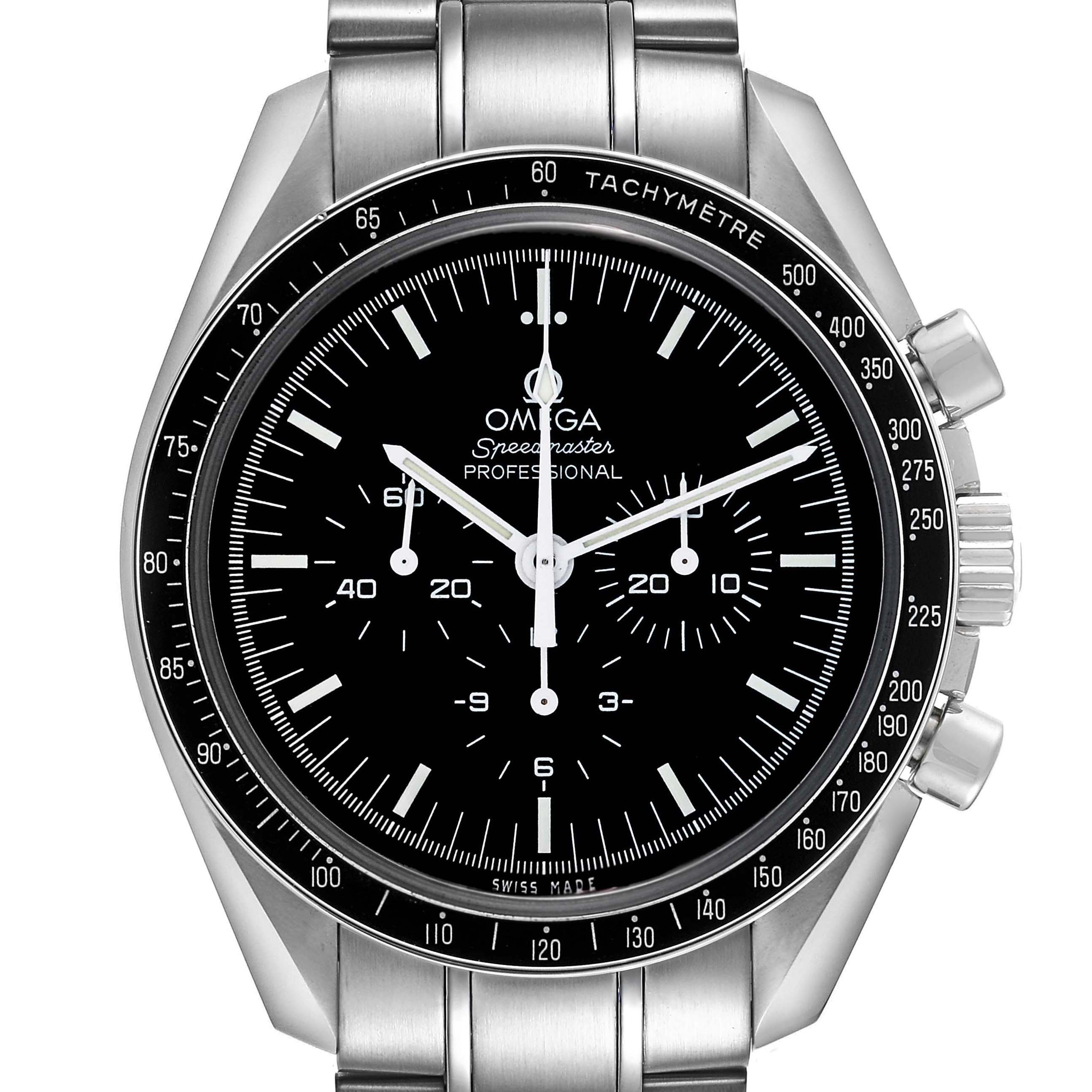 The Omega Speedmaster 311.30.42.30.01.005 Men's Stainless Steel Black Dial is shown from a front angle, displaying its black dial, tachymeter bezel, and stainless steel bracelet.