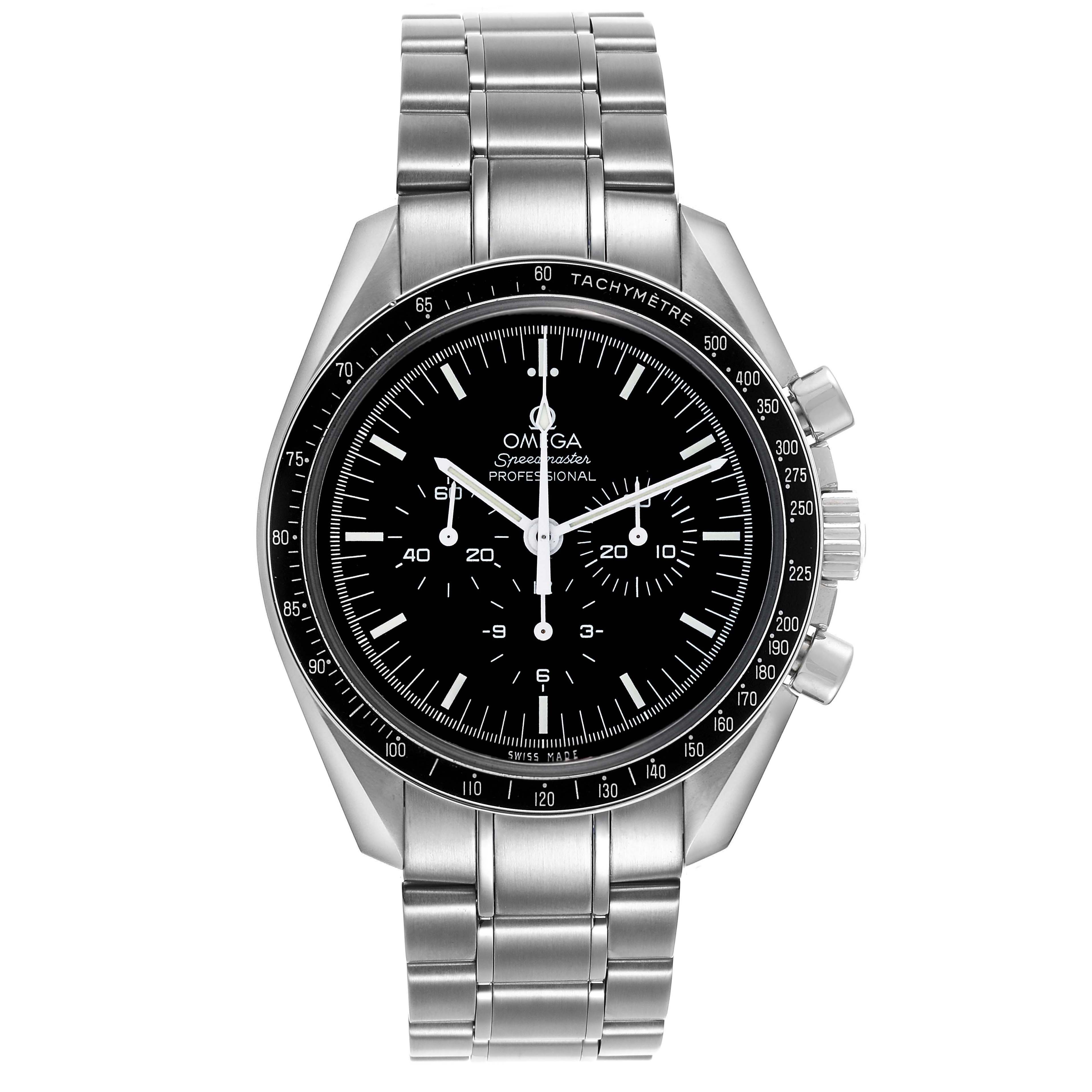 The Omega Speedmaster 311.30.42.30.01.005 Men's Stainless Steel Black Dial watch is shown from a top-down angle, highlighting its dial, bezel, and bracelet.