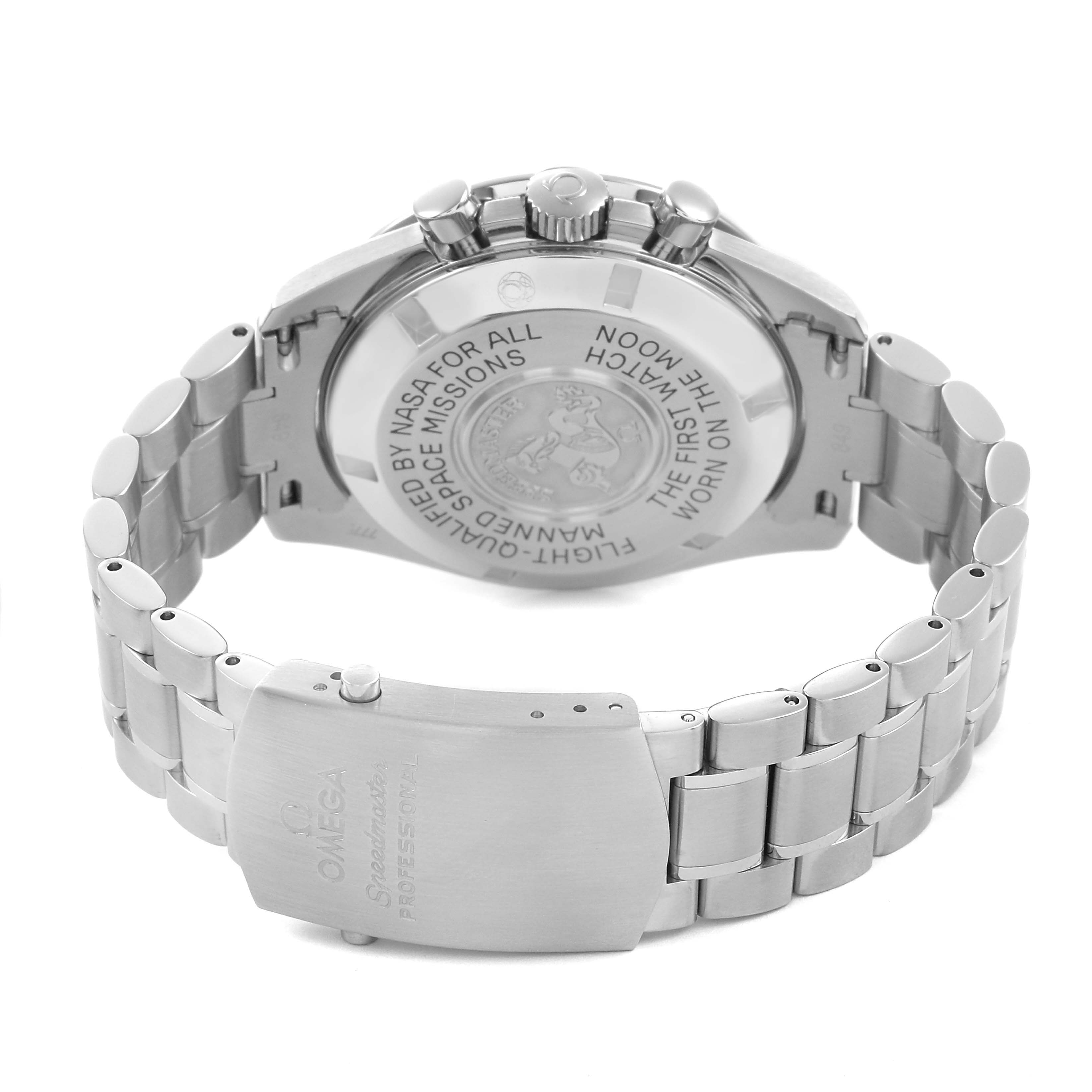 The image shows the Omega Speedmaster 311.30.42.30.01.005 Men's Stainless Steel Black Dial's back case, bracelet, and clasp from a rear angle.